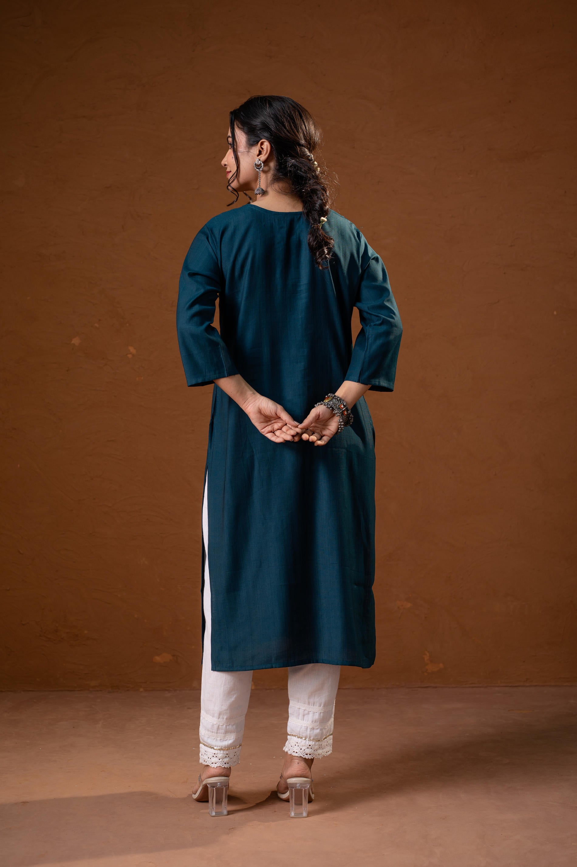 Teal Tonal Sequin Embellished Straight Kurta Set-P2017TEAL_ON