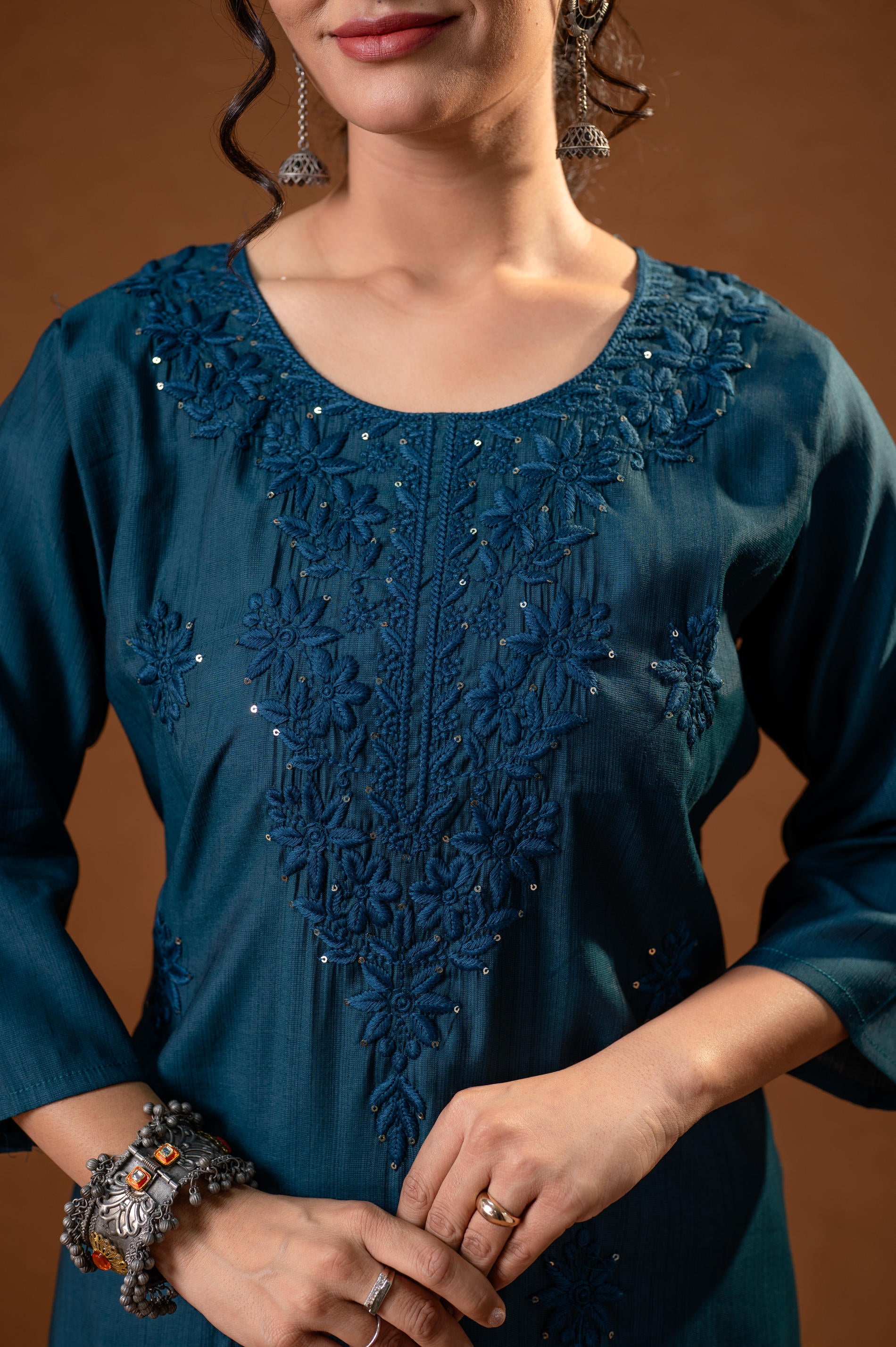 Teal Tonal Sequin Embellished Straight Kurta Set-P2017TEAL_ON