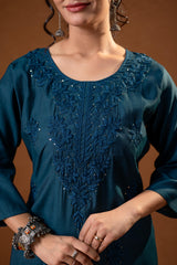 Teal Tonal Sequin Embellished Straight Kurta Set-P2017TEAL_ON