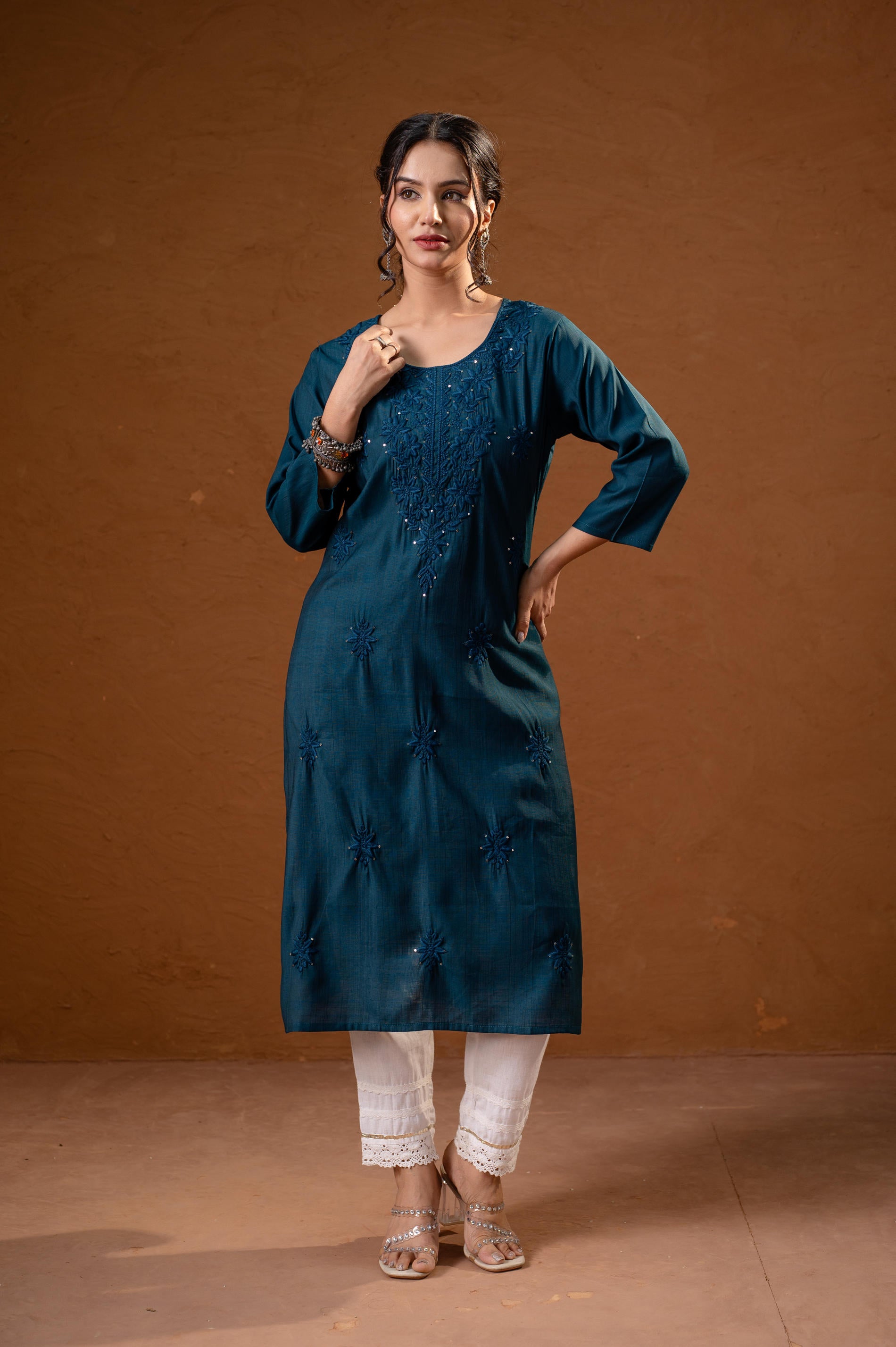 Teal Tonal Sequin Embellished Straight Kurta Set-P2017TEAL_ON