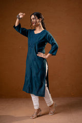 Teal Tonal Sequin Embellished Straight Kurta Set-P2017TEAL_ON