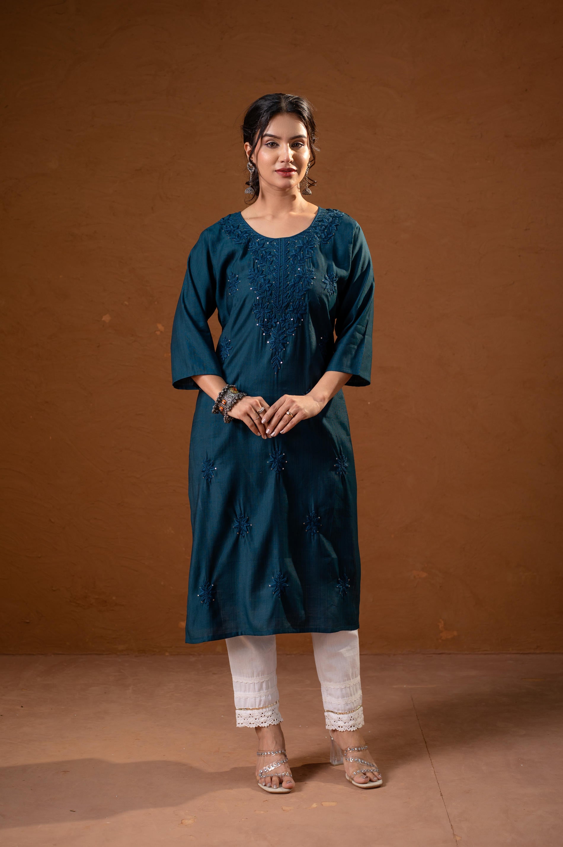Teal Tonal Sequin Embellished Straight Kurta Set-P2017TEAL_ON