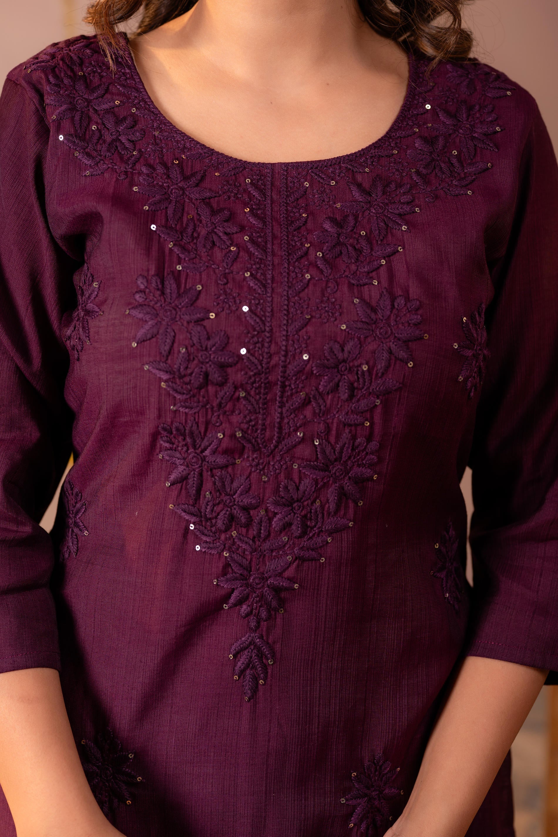 Wine Tonal Sequin Embellished Straight Kurta | DesiQlo