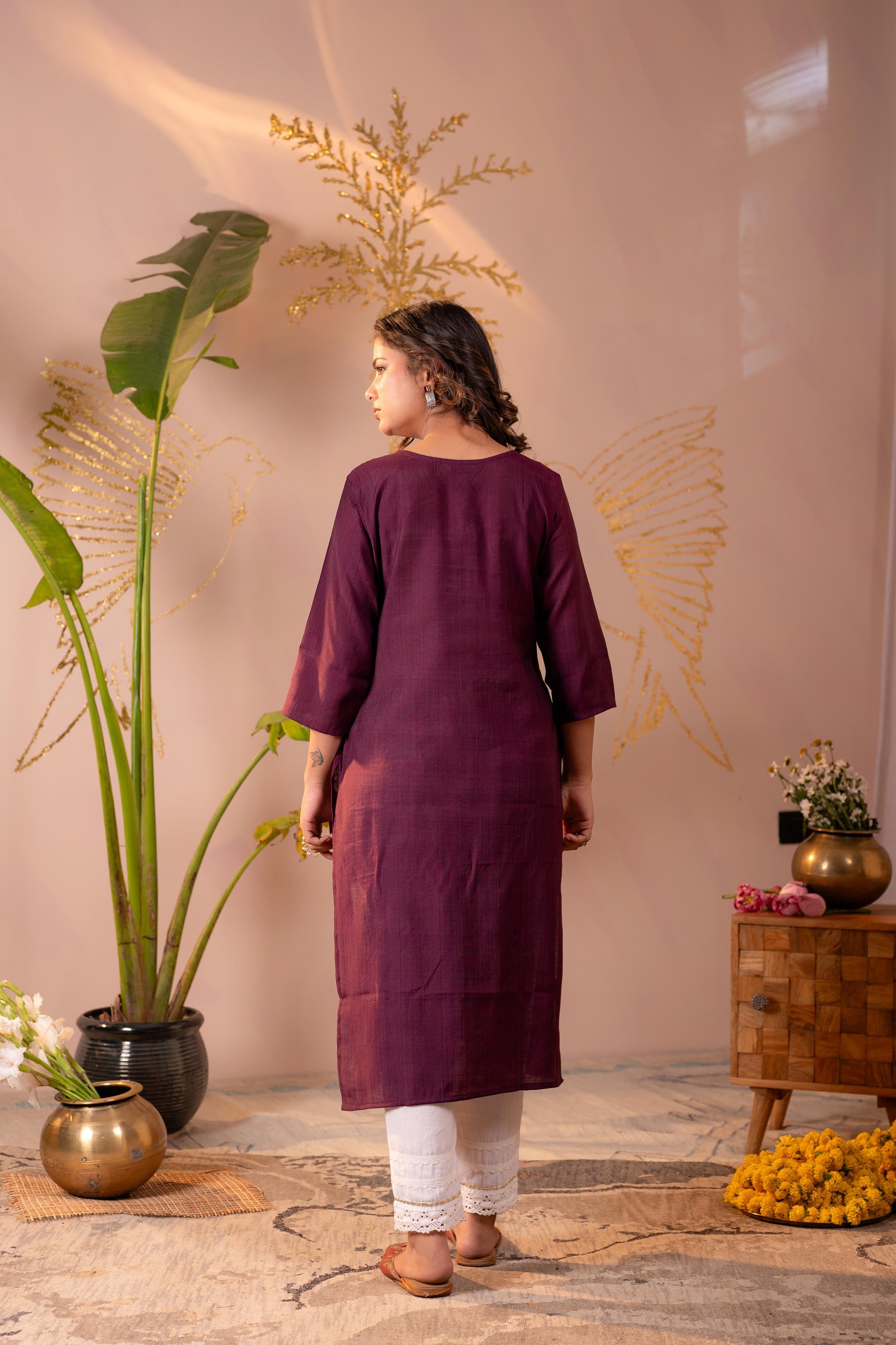 Wine Tonal Sequin Embellished Straight Kurta | DesiQlo
