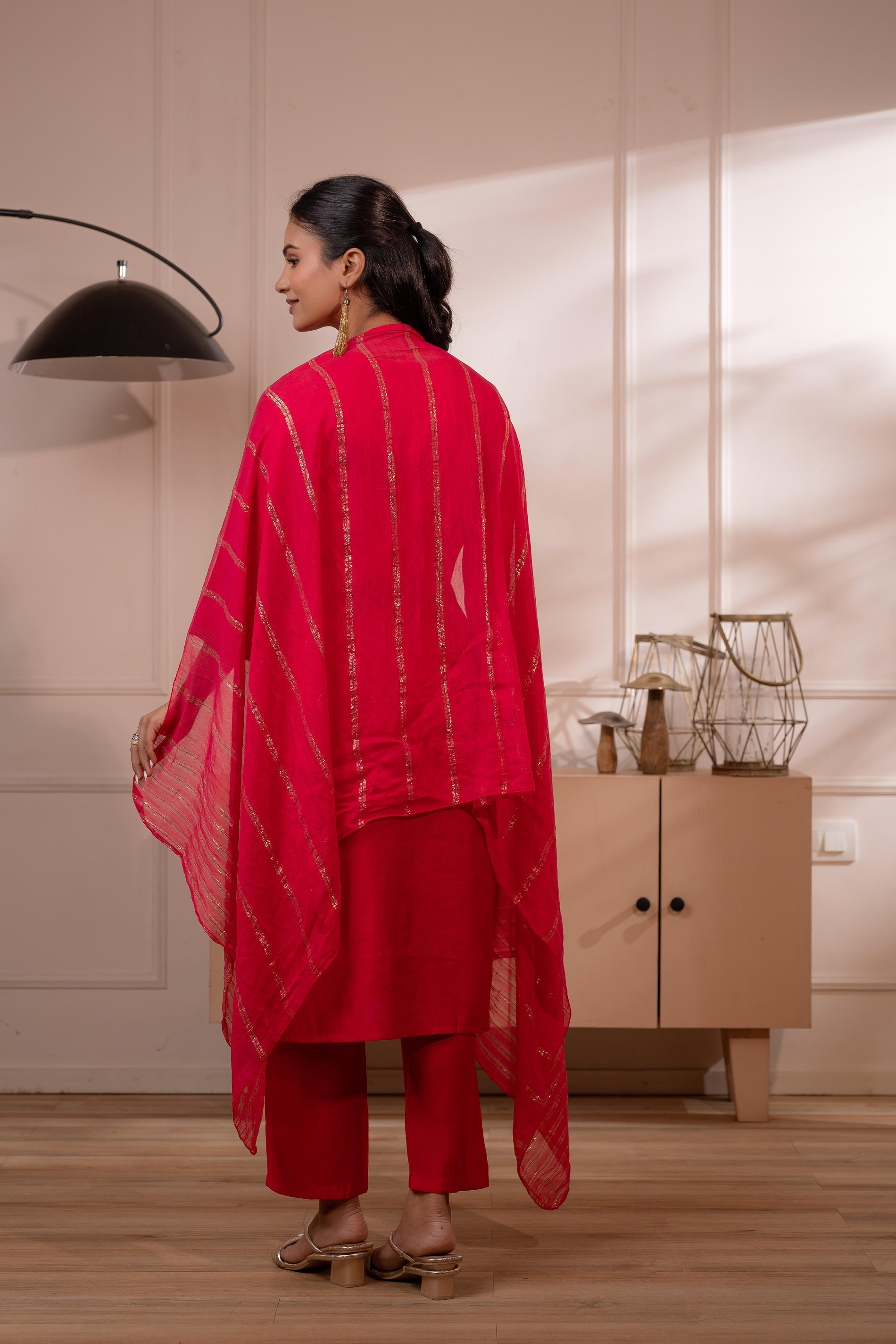 Fuchsia Solid Embroidered Straight Kurta Pant and Dupatta Set with Thr