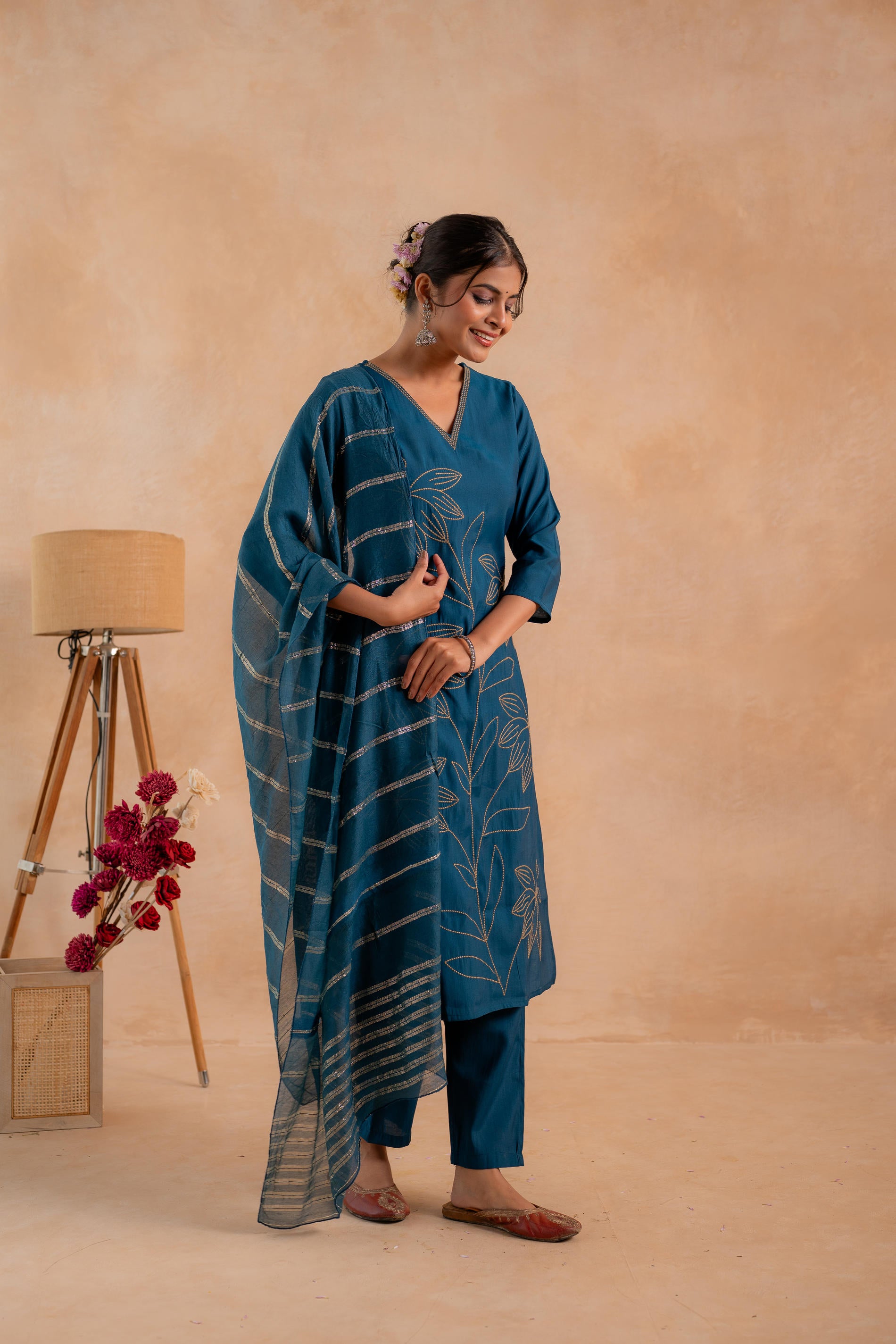 Indigo Bloom Floral Embroidered Kurta Set-P2021INDIGO_ON