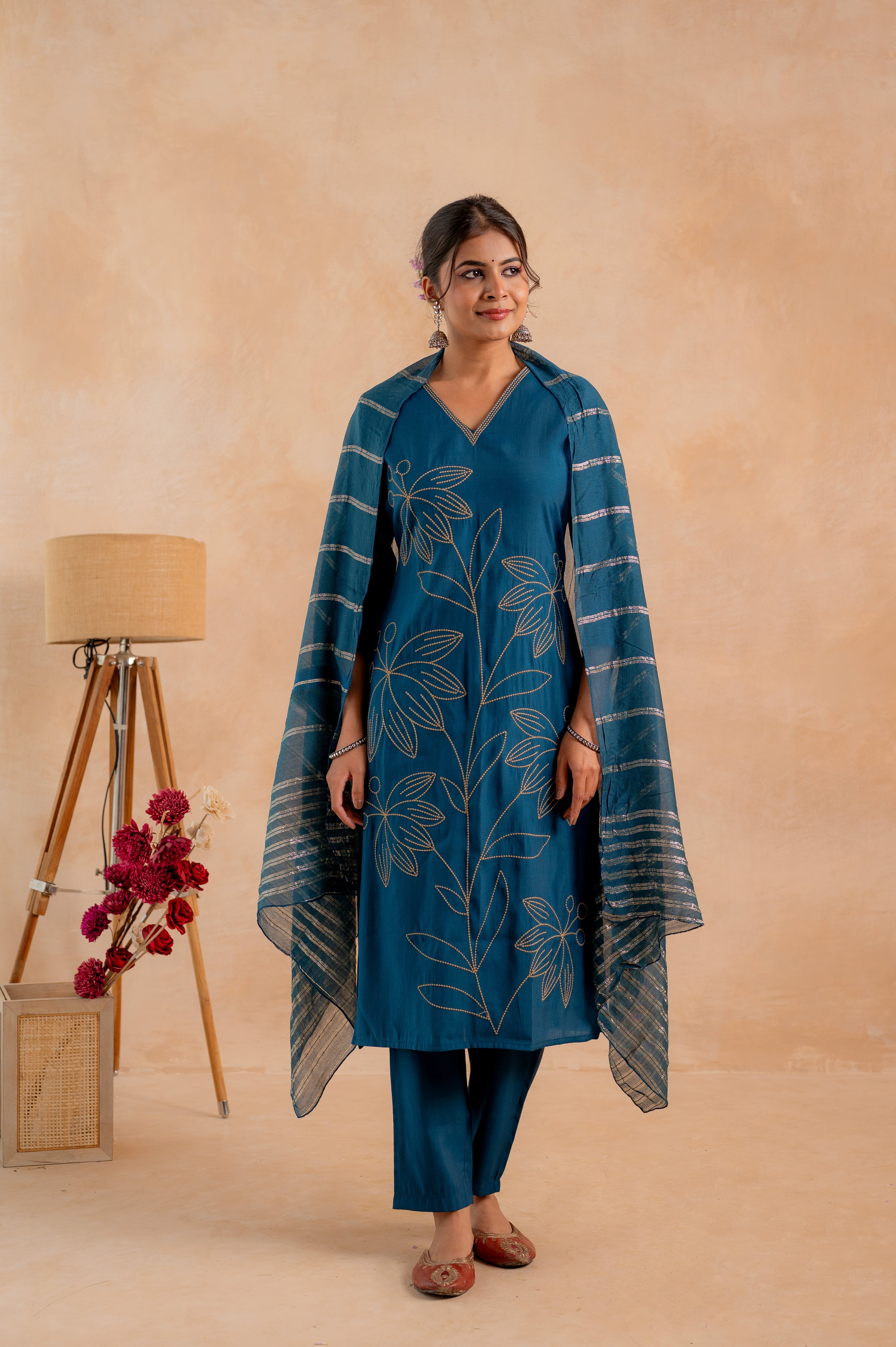 Indigo Solid Embroidered Straight Kurta Pant and Dupatta Set with Thre