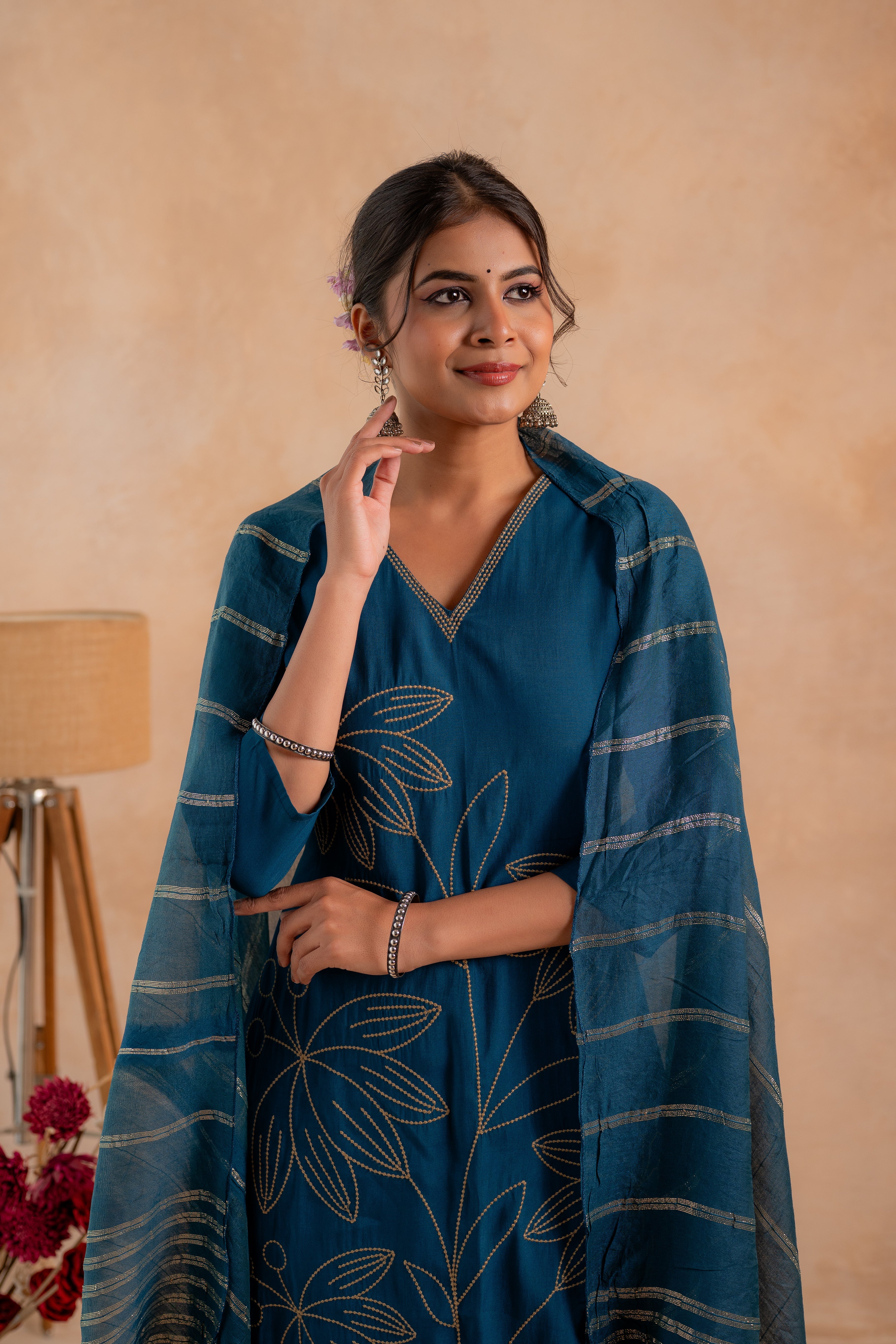 Indigo Solid Embroidered Straight Kurta Pant and Dupatta Set with Thre