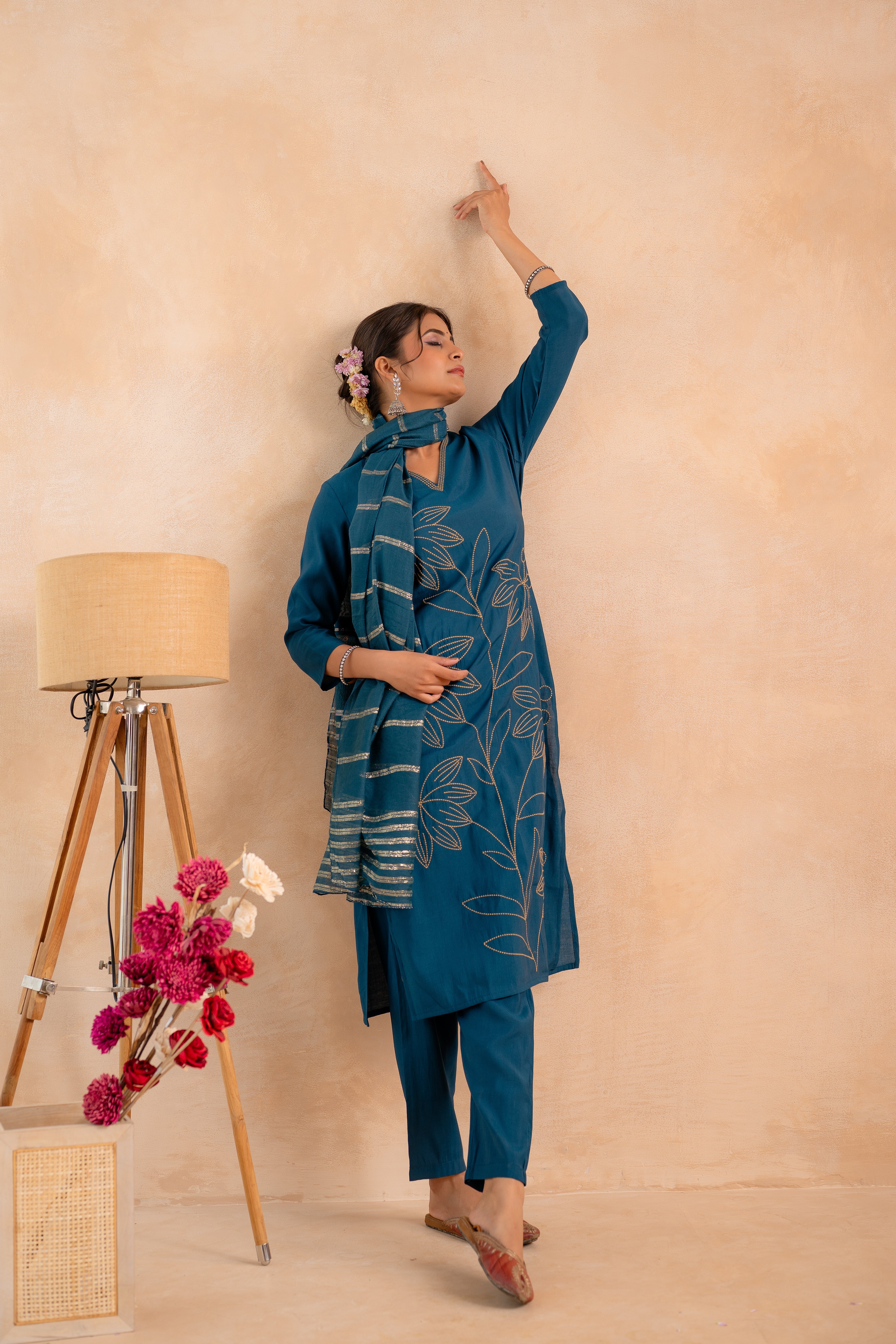 Indigo Solid Embroidered Straight Kurta Pant and Dupatta Set with Thre