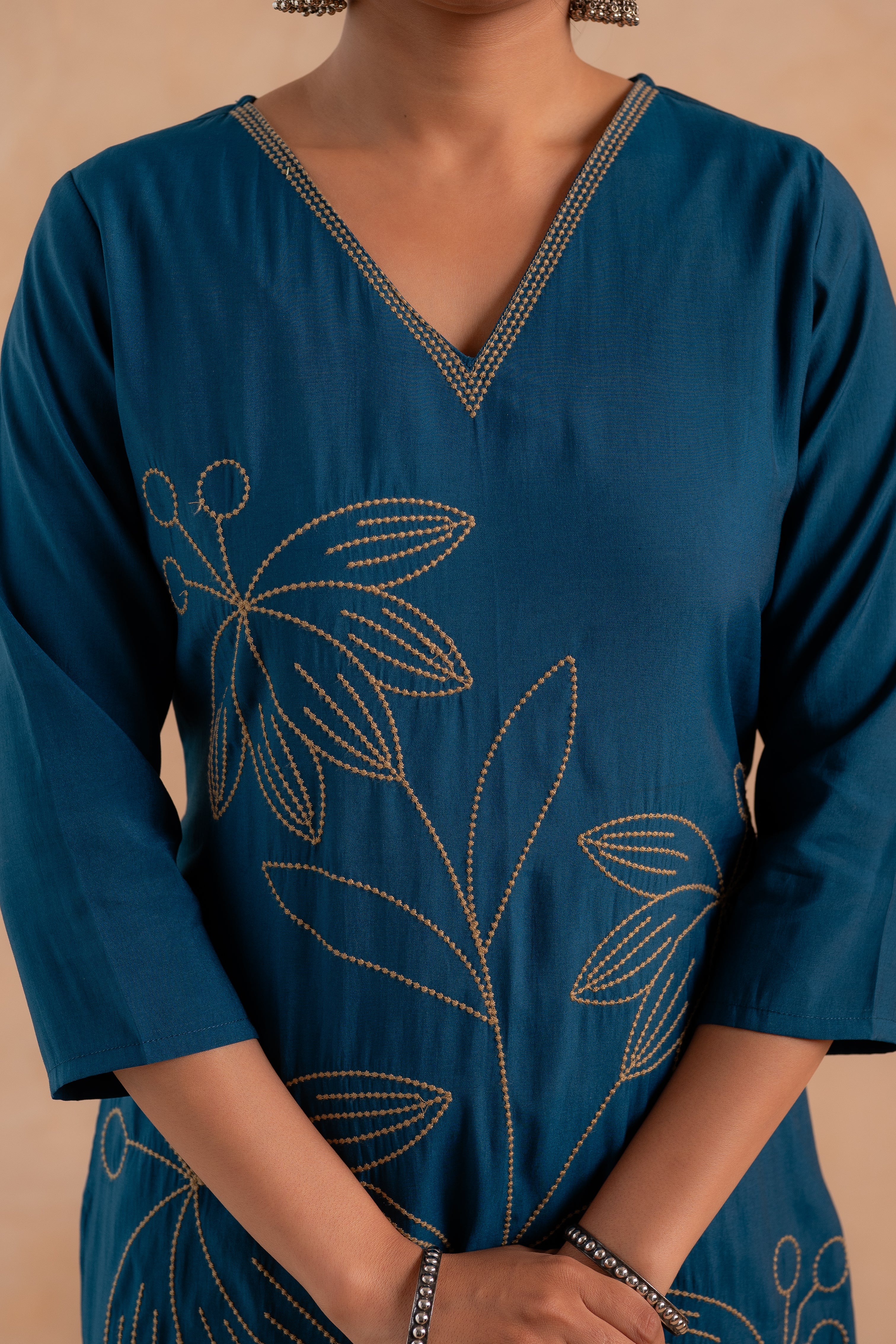 Indigo Solid Embroidered Straight Kurta Pant and Dupatta Set with Thre