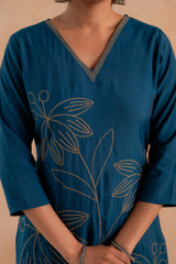Indigo Solid Embroidered Straight Kurta Pant and Dupatta Set with Thread Work