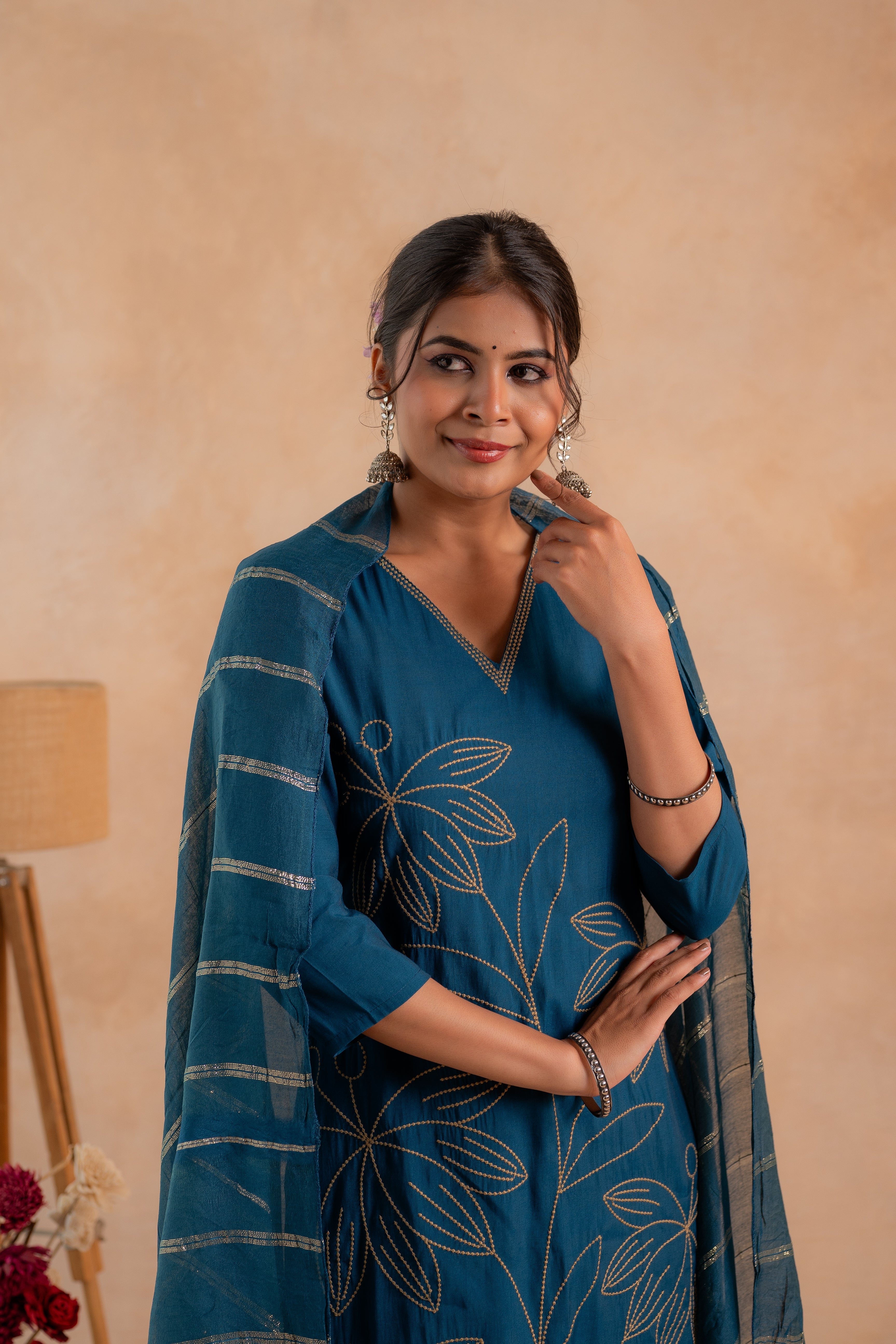 Indigo Solid Embroidered Straight Kurta Pant and Dupatta Set with Thre