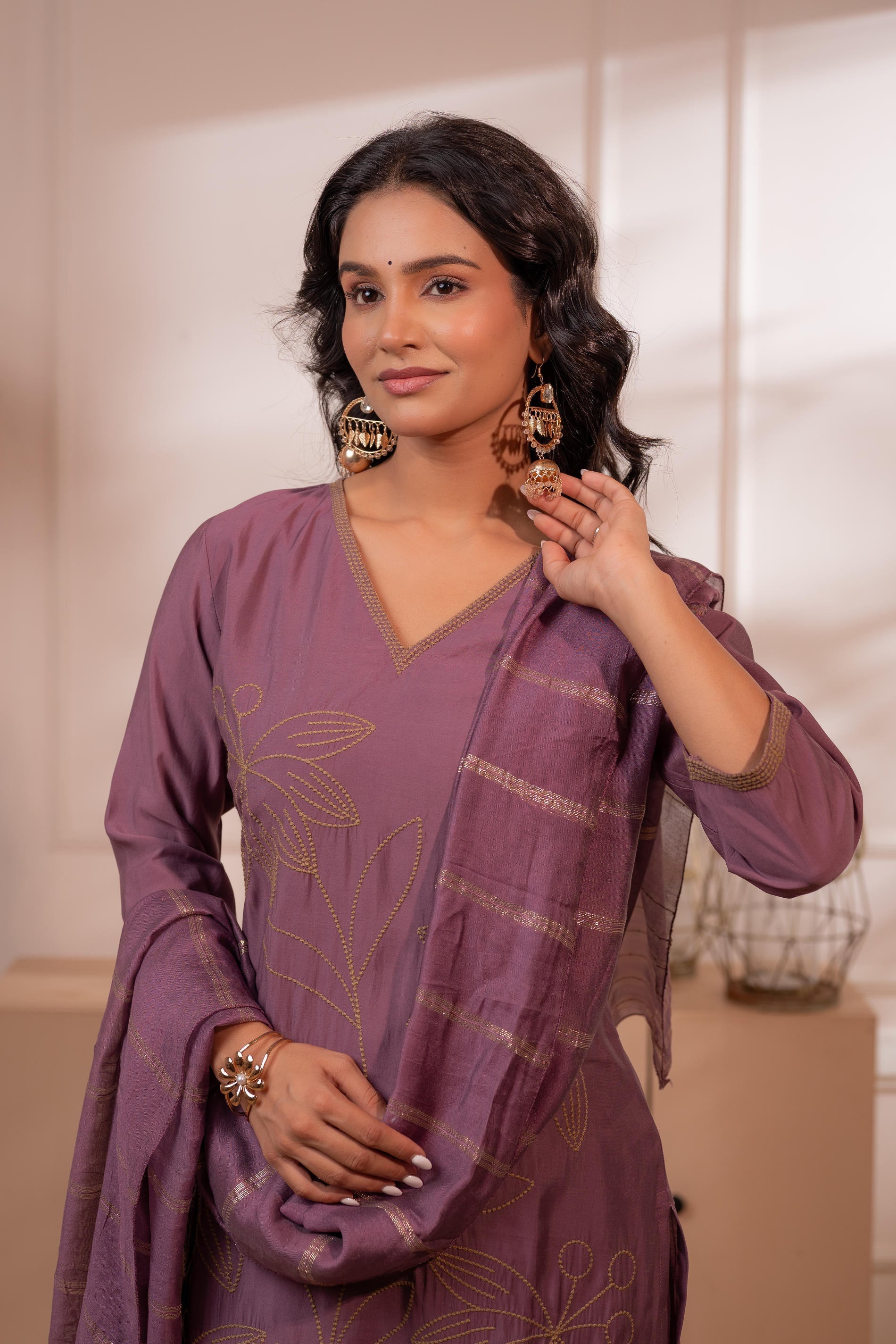 Plum Solid Embroidered Straight Kurta Pant and Dupatta Set with Thread