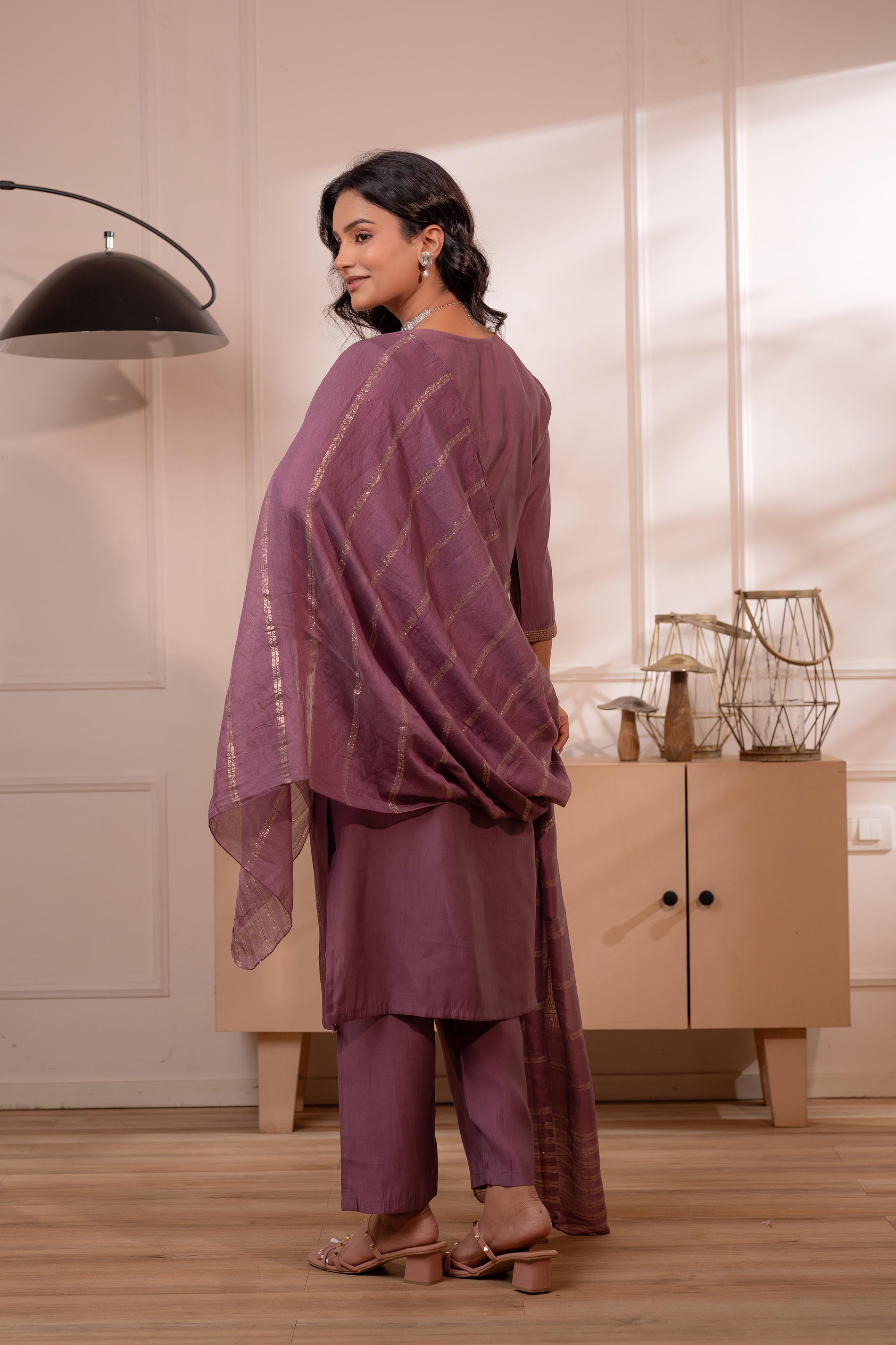Plum Solid Embroidered Straight Kurta Pant and Dupatta Set with Thread
