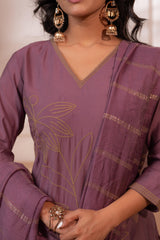 Plum Solid Embroidered Straight Kurta Pant and Dupatta Set with Thread Work