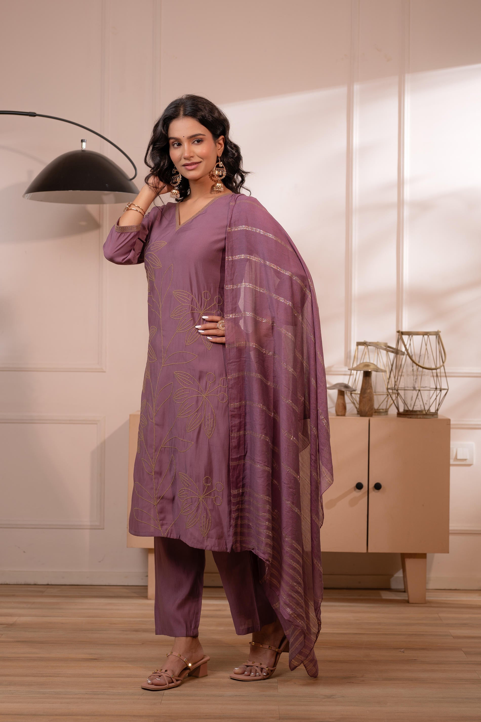 Plum Solid Embroidered Straight Kurta Pant and Dupatta Set with Thread