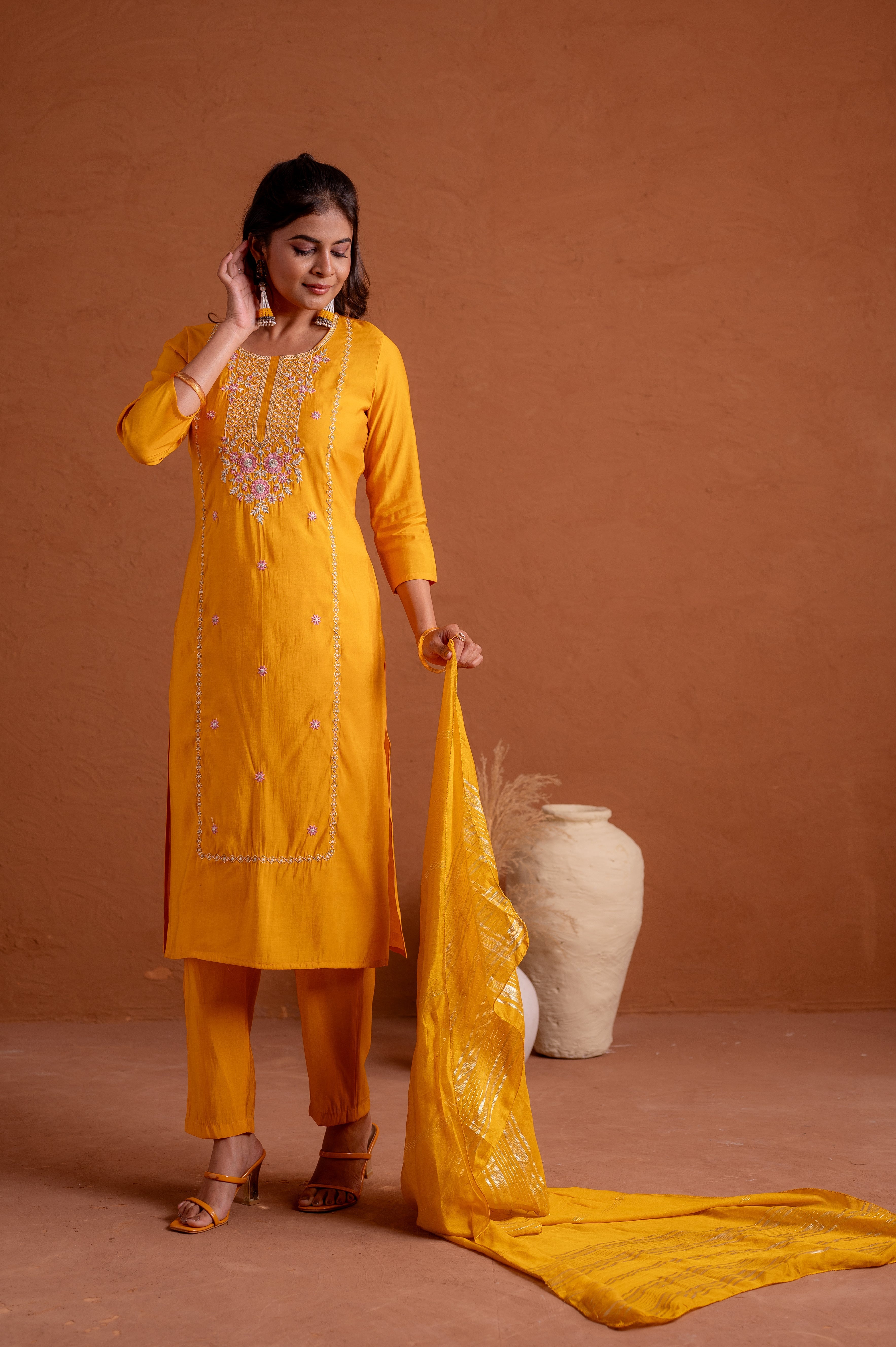 Mustard Poly Viscose Straight Kurta Pant And Dupatta Set with Thread &