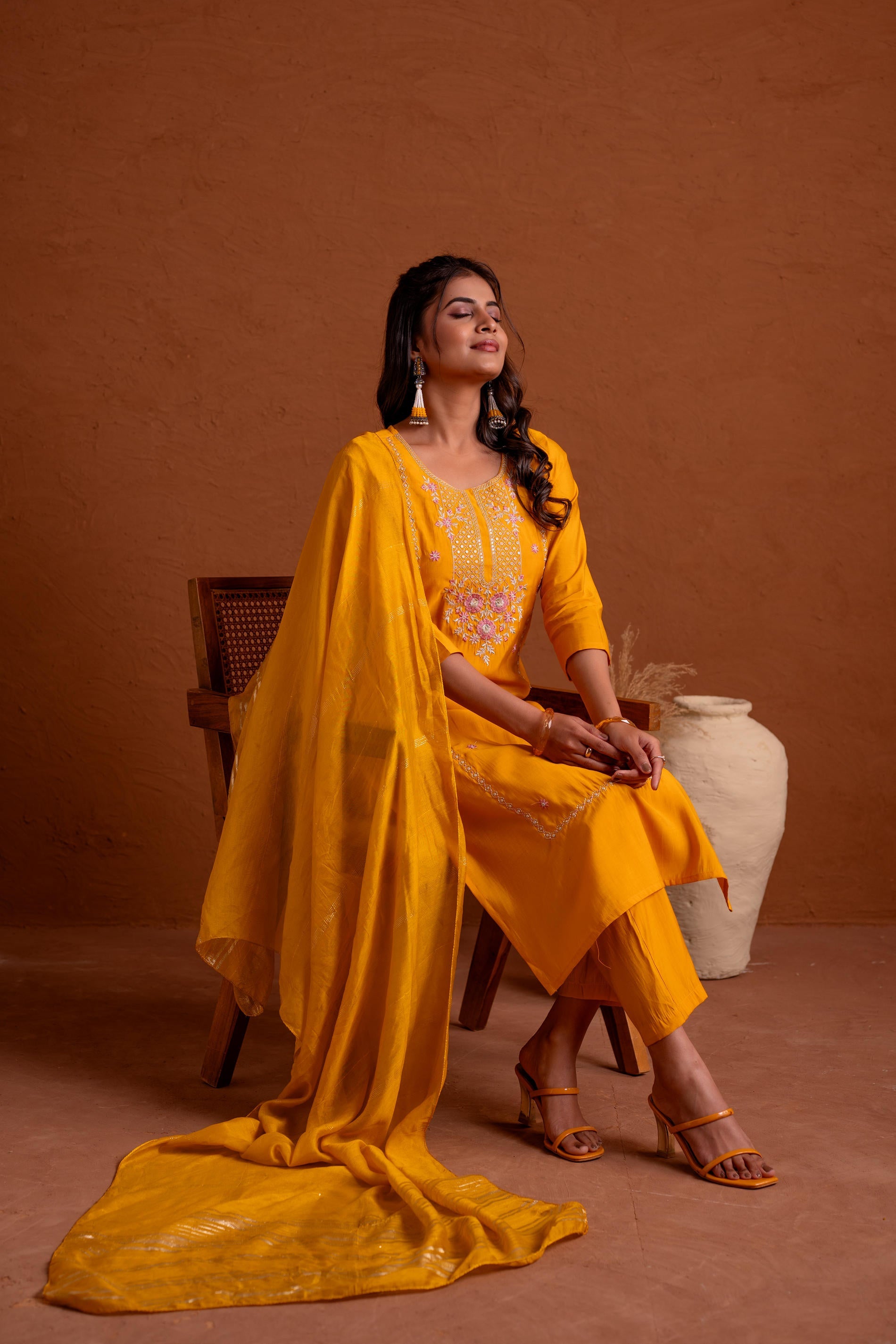 Mustard Poly Viscose Straight Kurta Pant And Dupatta Set with Thread &