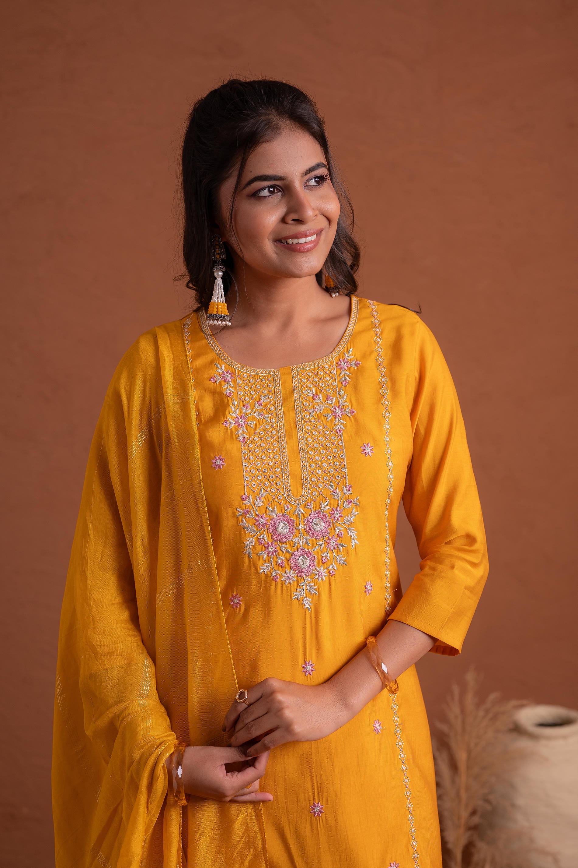 Mustard Poly Viscose Straight Kurta Pant And Dupatta Set with Thread &