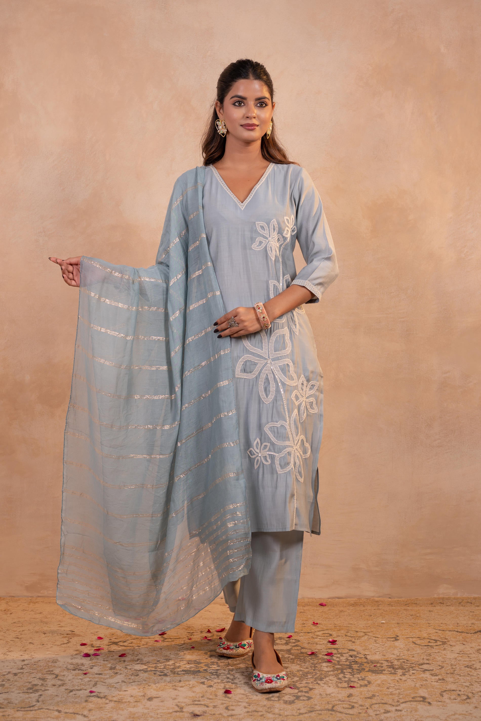 Gray Serenity Embroidered Suit Set-P2022GRAY_ON