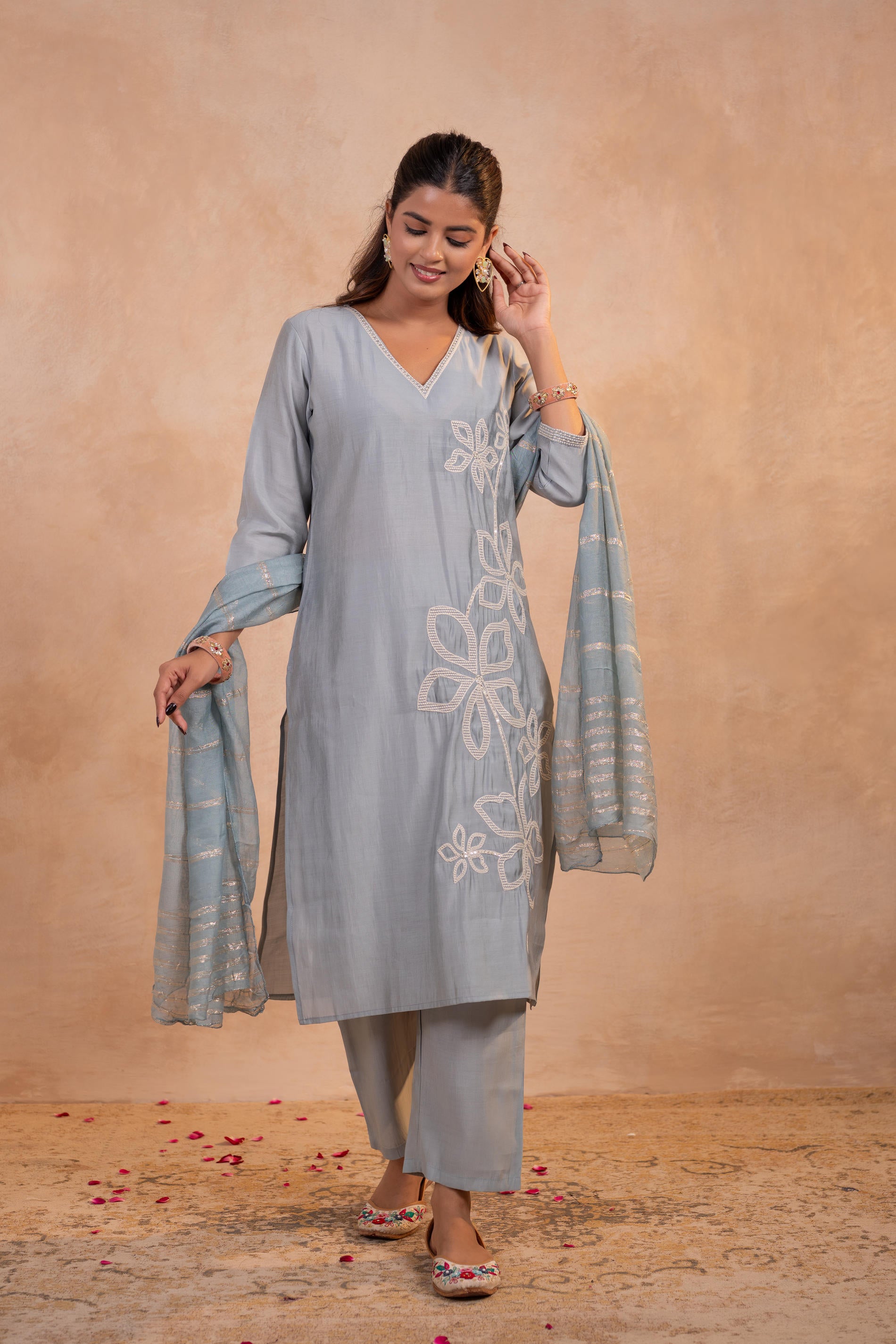 Gray Serenity Embroidered Suit Set-P2022GRAY_ON