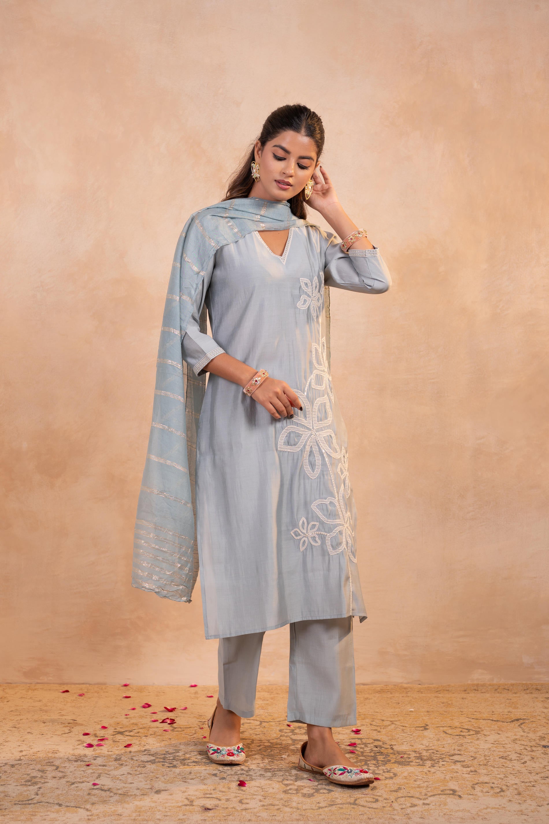 Gray Serenity Embroidered Suit Set-P2022GRAY_ON