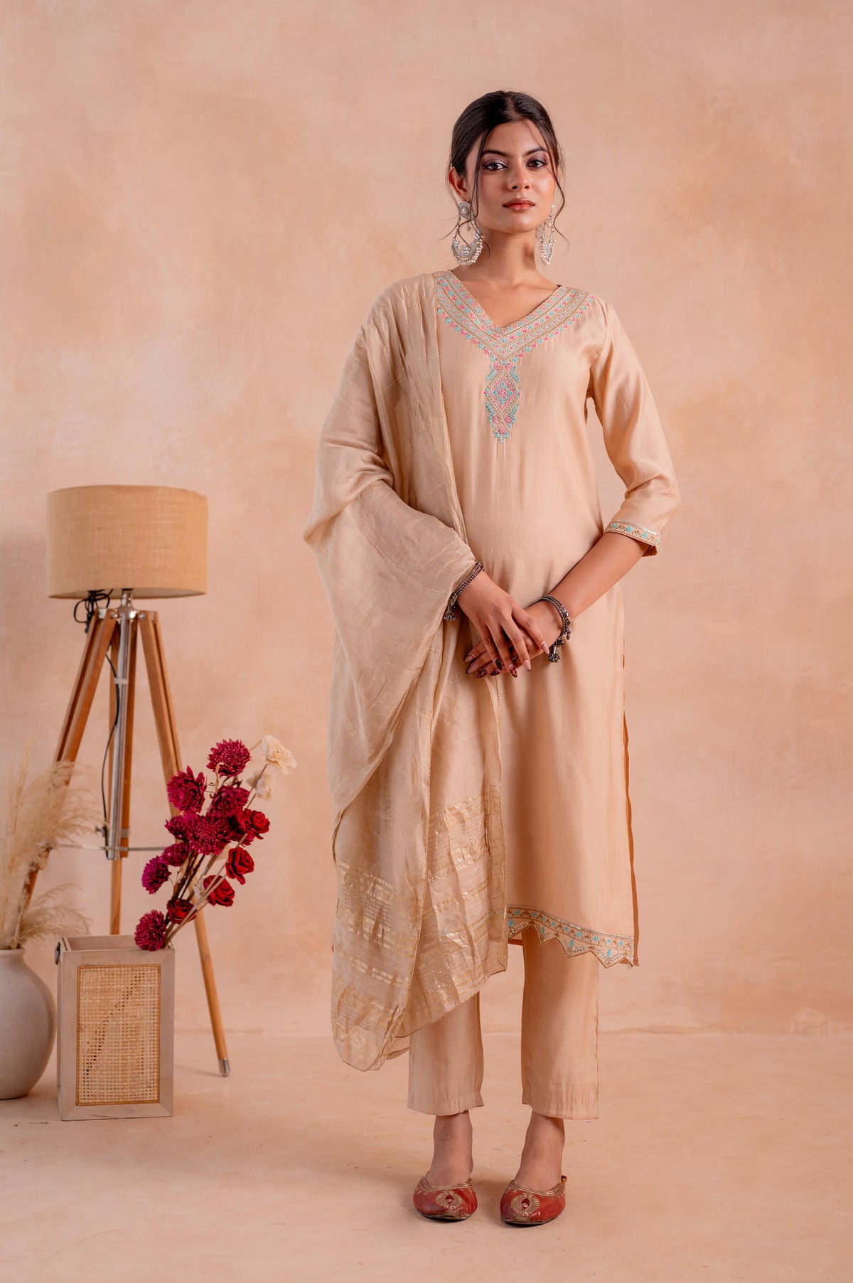 Beige Poly Viscose Straight Kurta Pant And Dupatta Set with Zari, Thread & Sequence Work-P2023BEIGE_ON