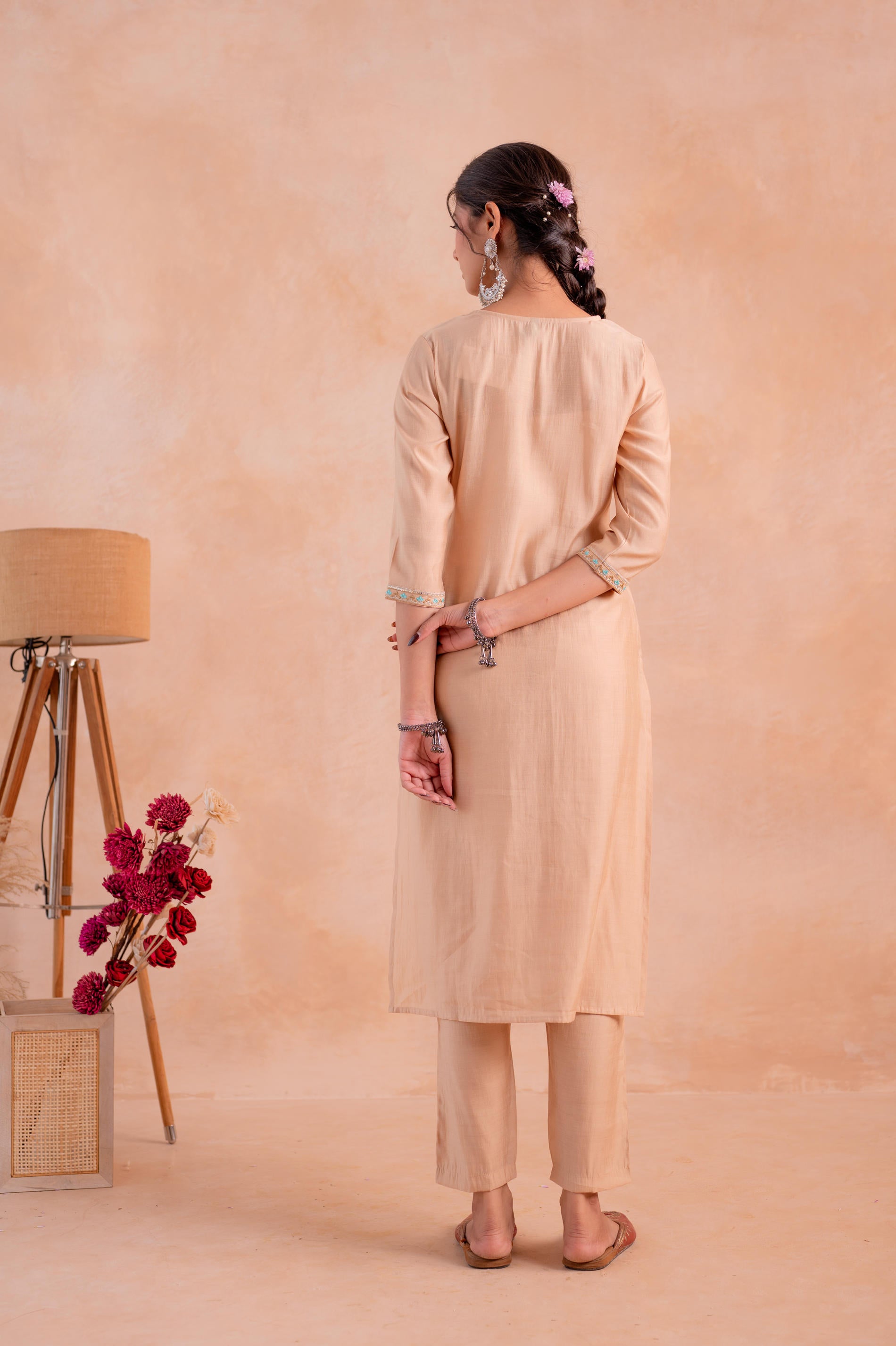 Beige Poly Viscose Straight Kurta Pant And Dupatta Set with Zari, Thread & Sequence Work-P2023BEIGE_ON