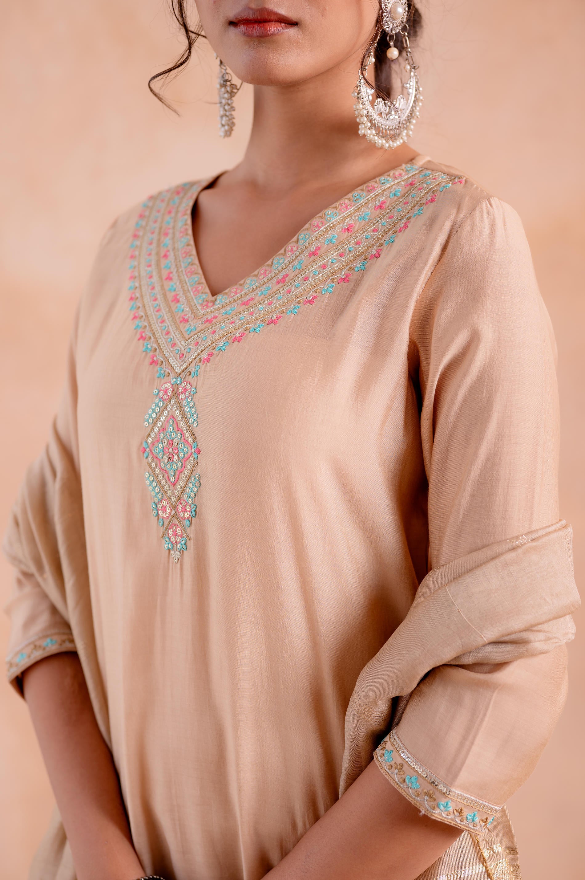 Beige Poly Viscose Straight Kurta Pant And Dupatta Set with Zari, Thread & Sequence Work-P2023BEIGE_ON