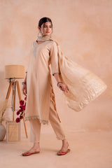 Beige Poly Viscose Straight Kurta Pant And Dupatta Set with Zari, Thread & Sequence Work-P2023BEIGE_ON