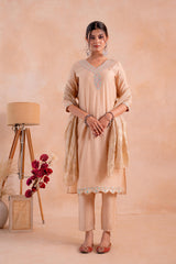 Beige Poly Viscose Straight Kurta Pant And Dupatta Set with Zari, Thread & Sequence Work-P2023BEIGE_ON
