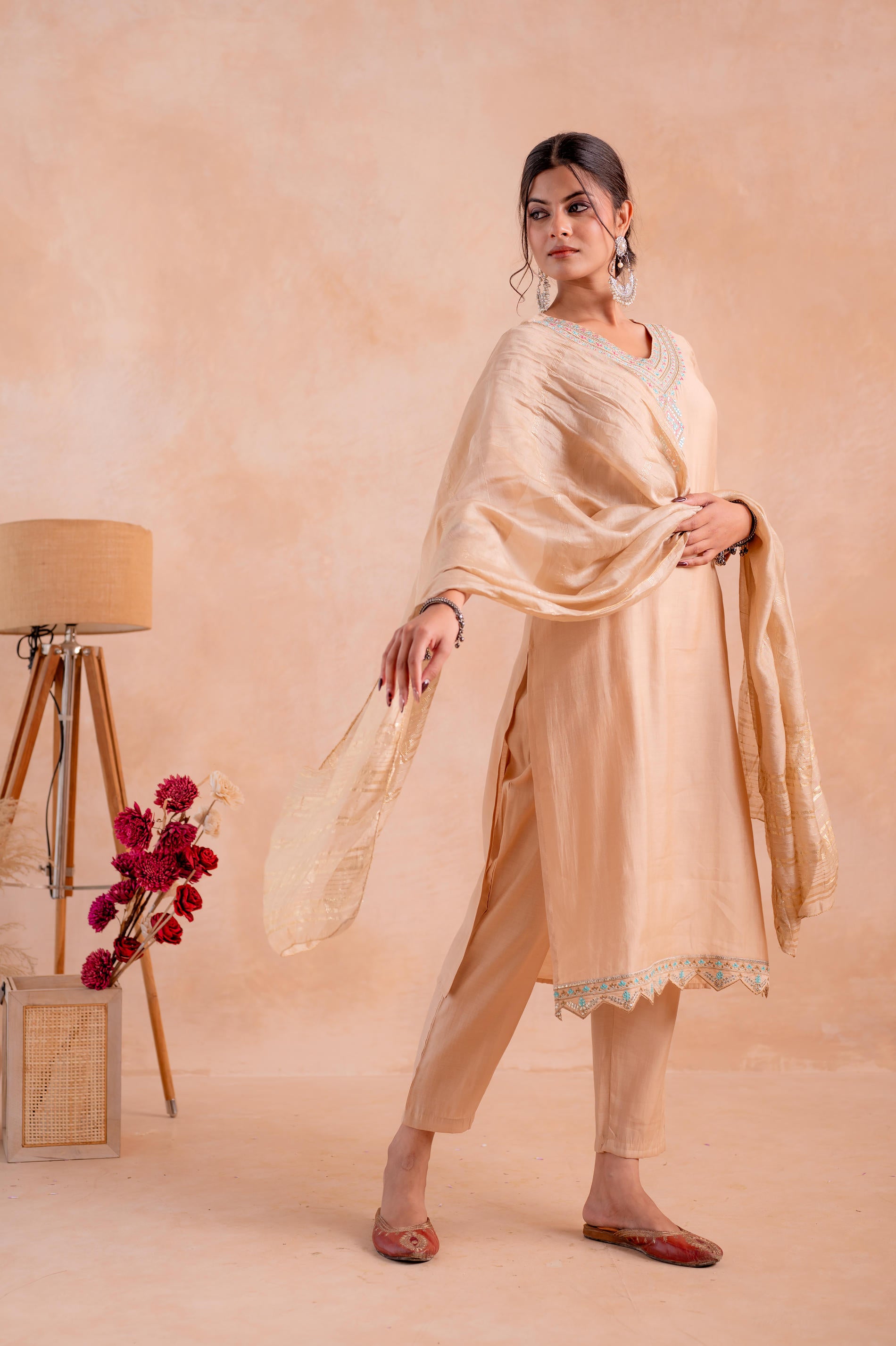 Beige Poly Viscose Straight Kurta Pant And Dupatta Set with Zari, Thread & Sequence Work-P2023BEIGE_ON
