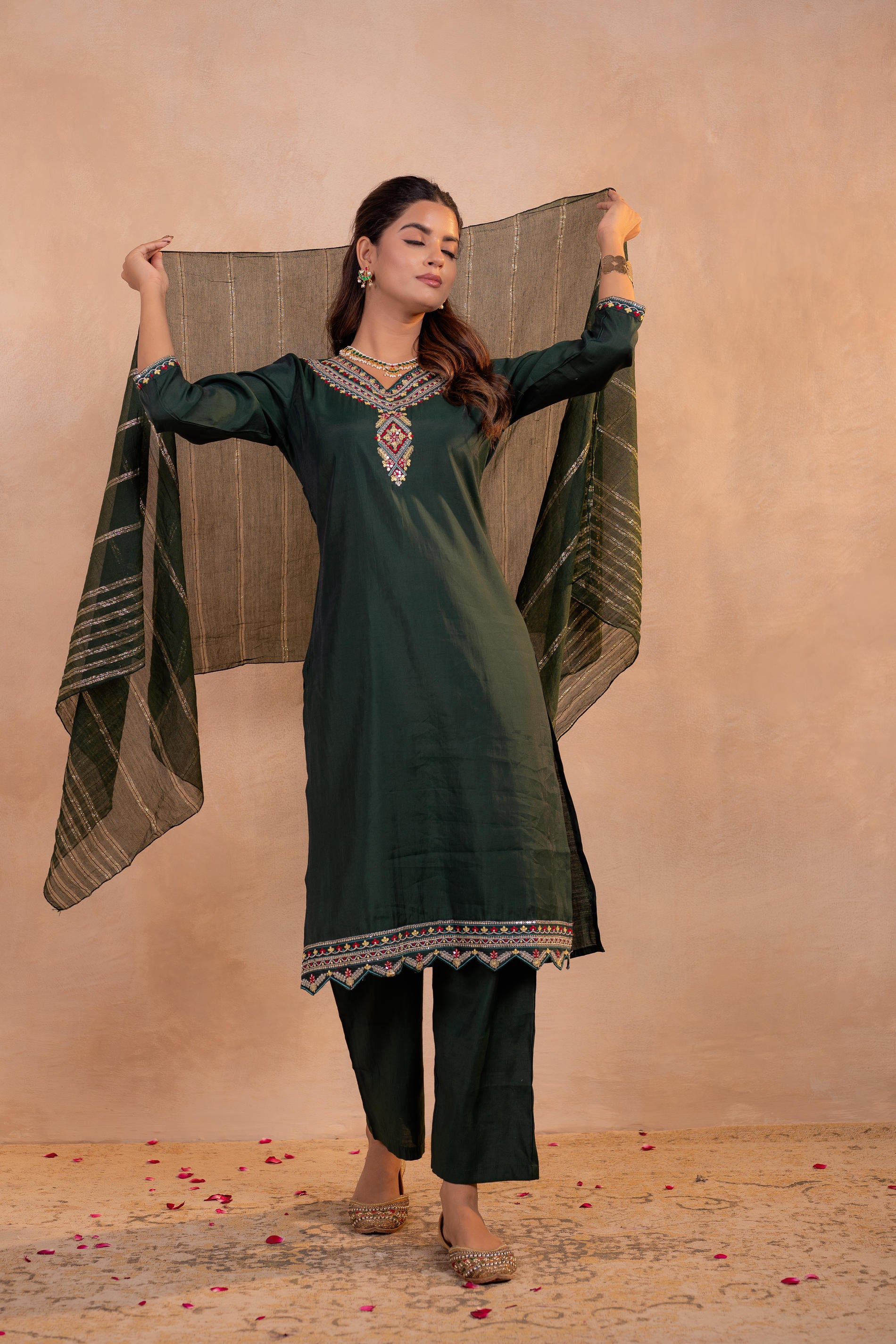 Bottle Green Serenity Embroidered Suit Set-P2023BOTTLEGREEN_ON