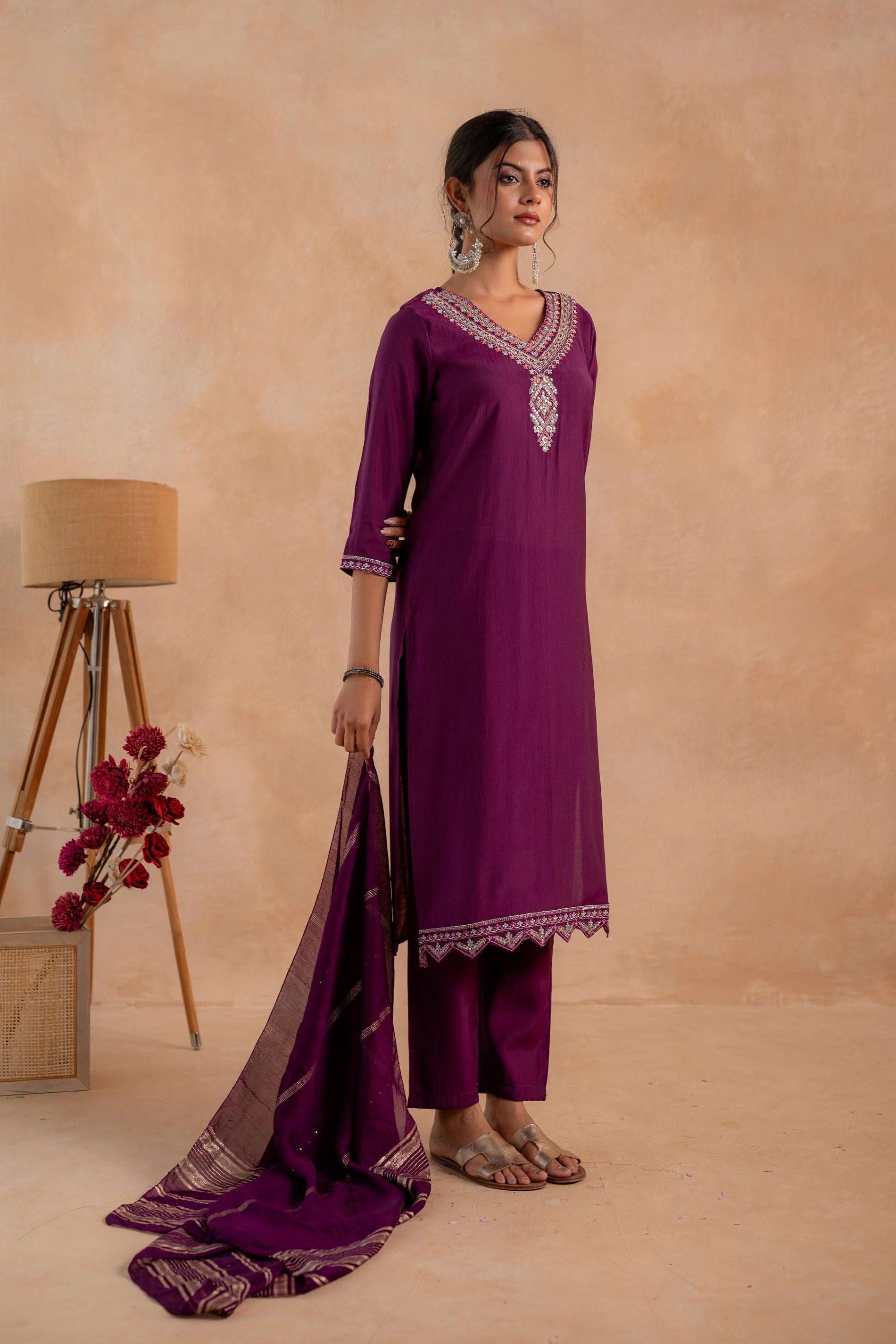 Purple Poly Viscose Straight Kurta Pant And Dupatta Set with Zari, Thread & Sequence Work