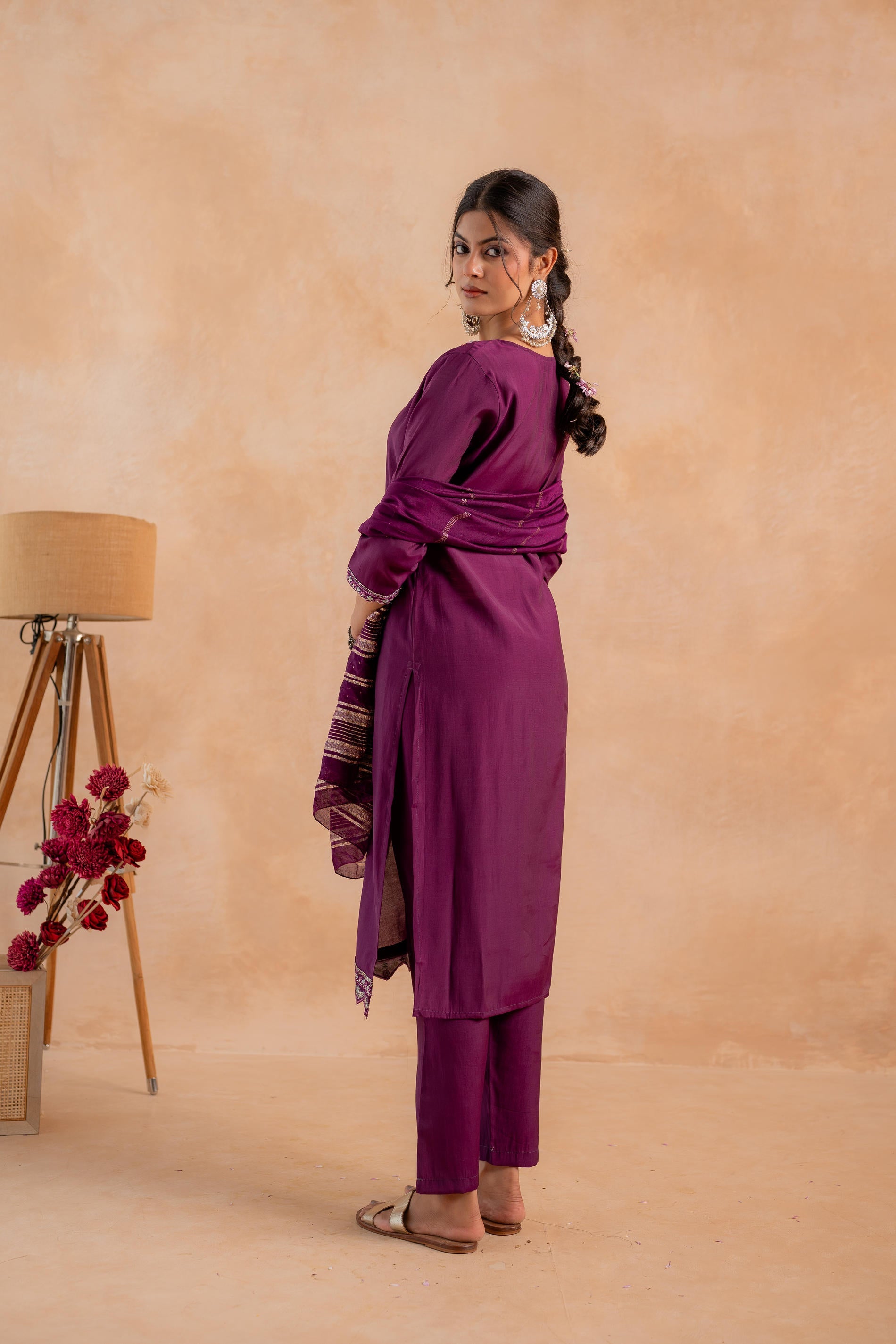 Purple Poly Viscose Straight Kurta Pant And Dupatta Set with Zari, Thread & Sequence Work