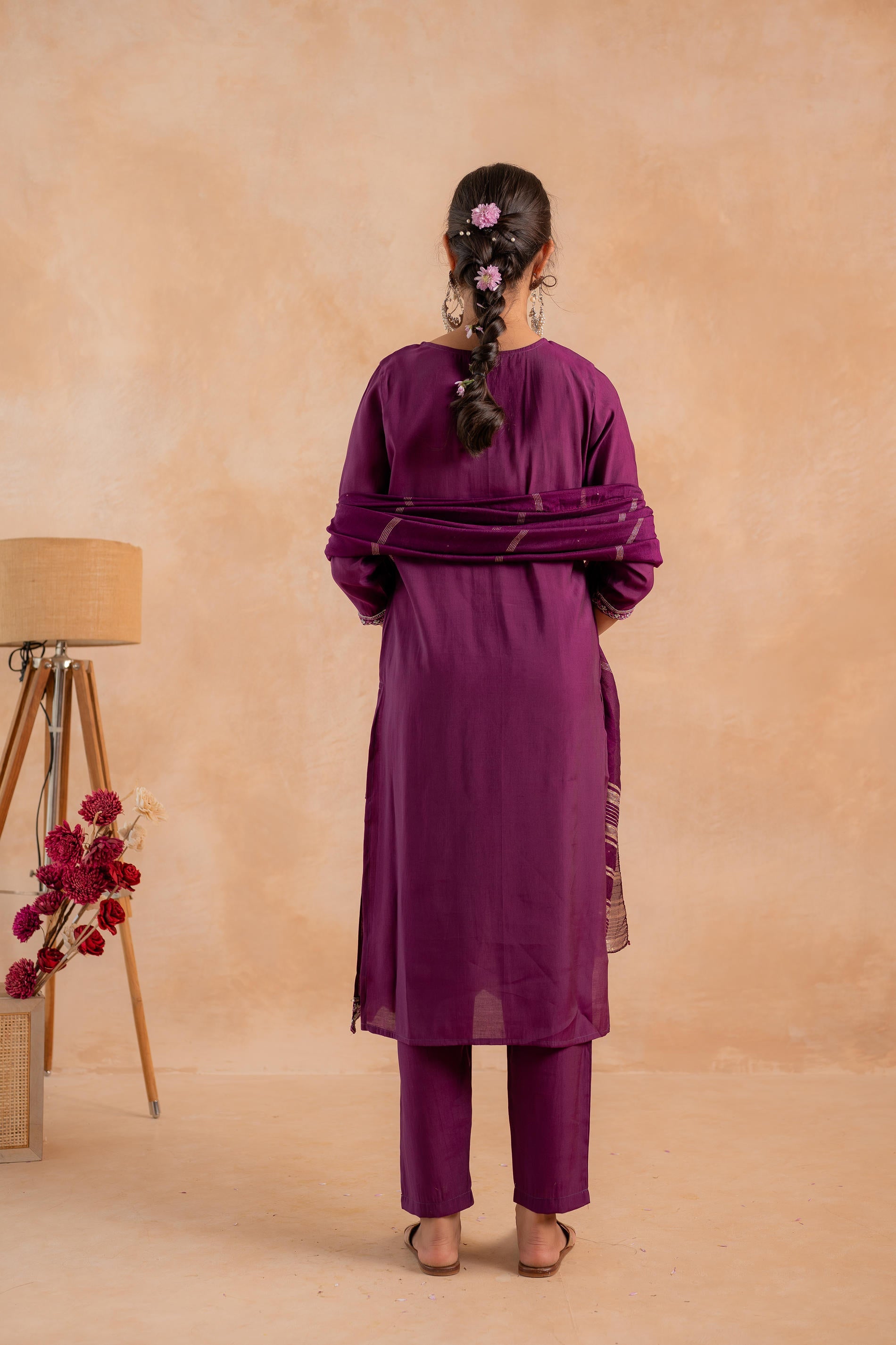 Purple Poly Viscose Straight Kurta Pant And Dupatta Set with Zari, Thread & Sequence Work
