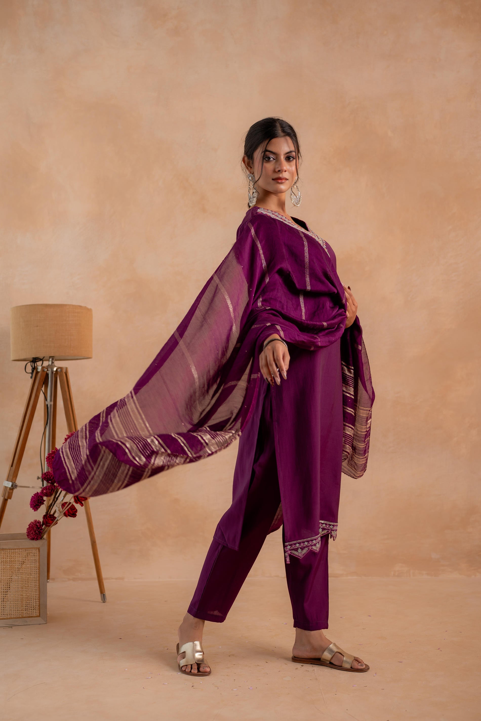 Purple Poly Viscose Straight Kurta Pant And Dupatta Set with Zari, Thread & Sequence Work