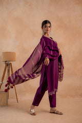 Maroon Poly Viscose Straight Kurta Pant And Dupatta Set with Zari, Thread & Sequence Work