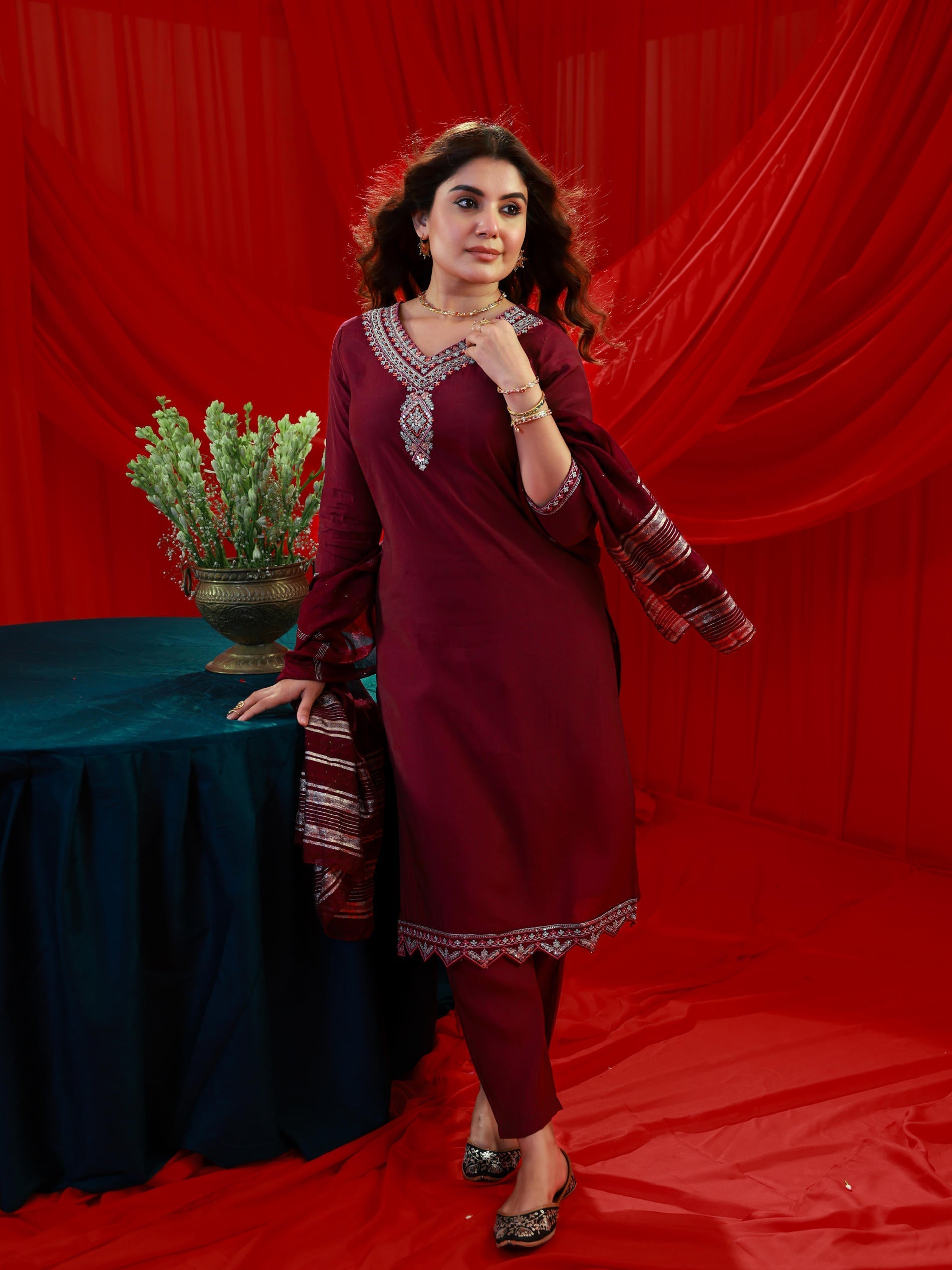 Purple Poly Viscose Straight Kurta Pant And Dupatta Set with Zari, Thread & Sequence Work