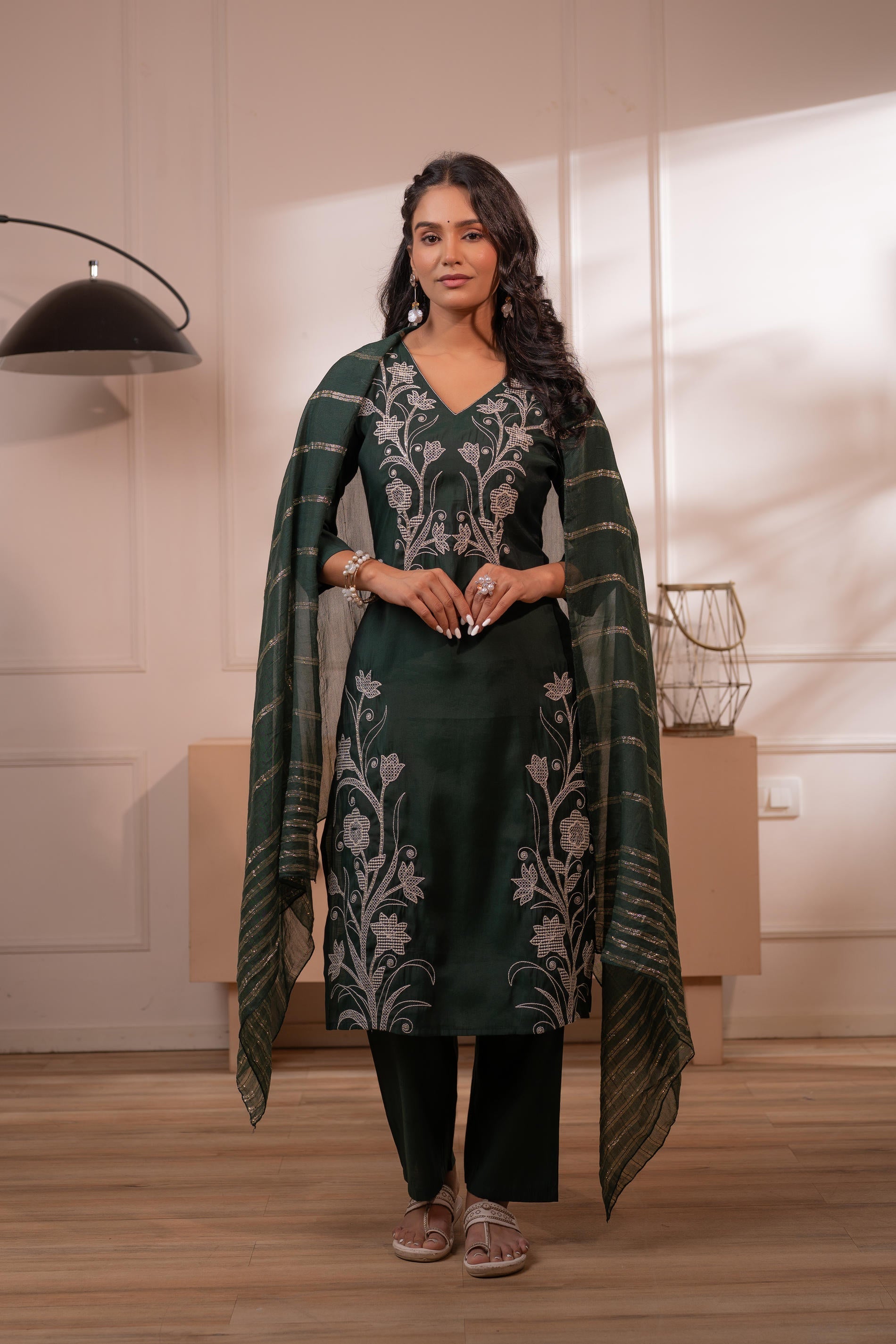 Mehandi Green Solid Embroidered Straight Kurta Pant and Dupatta Set wi
