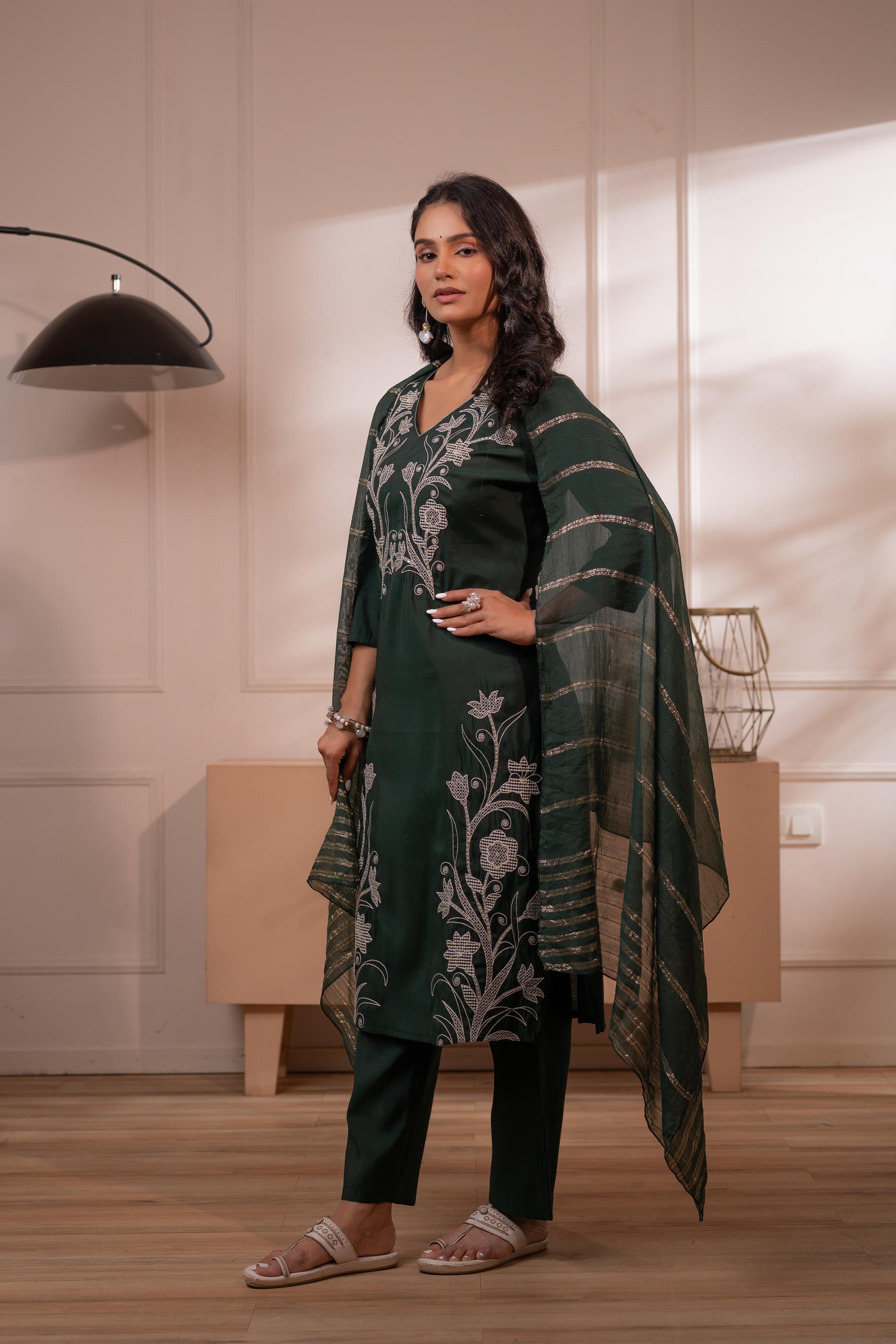 Mehandi Green Solid Embroidered Straight Kurta Pant and Dupatta Set wi