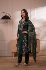 Mehandi Green Solid Embroidered Straight Kurta Pant and Dupatta Set with Thread Work