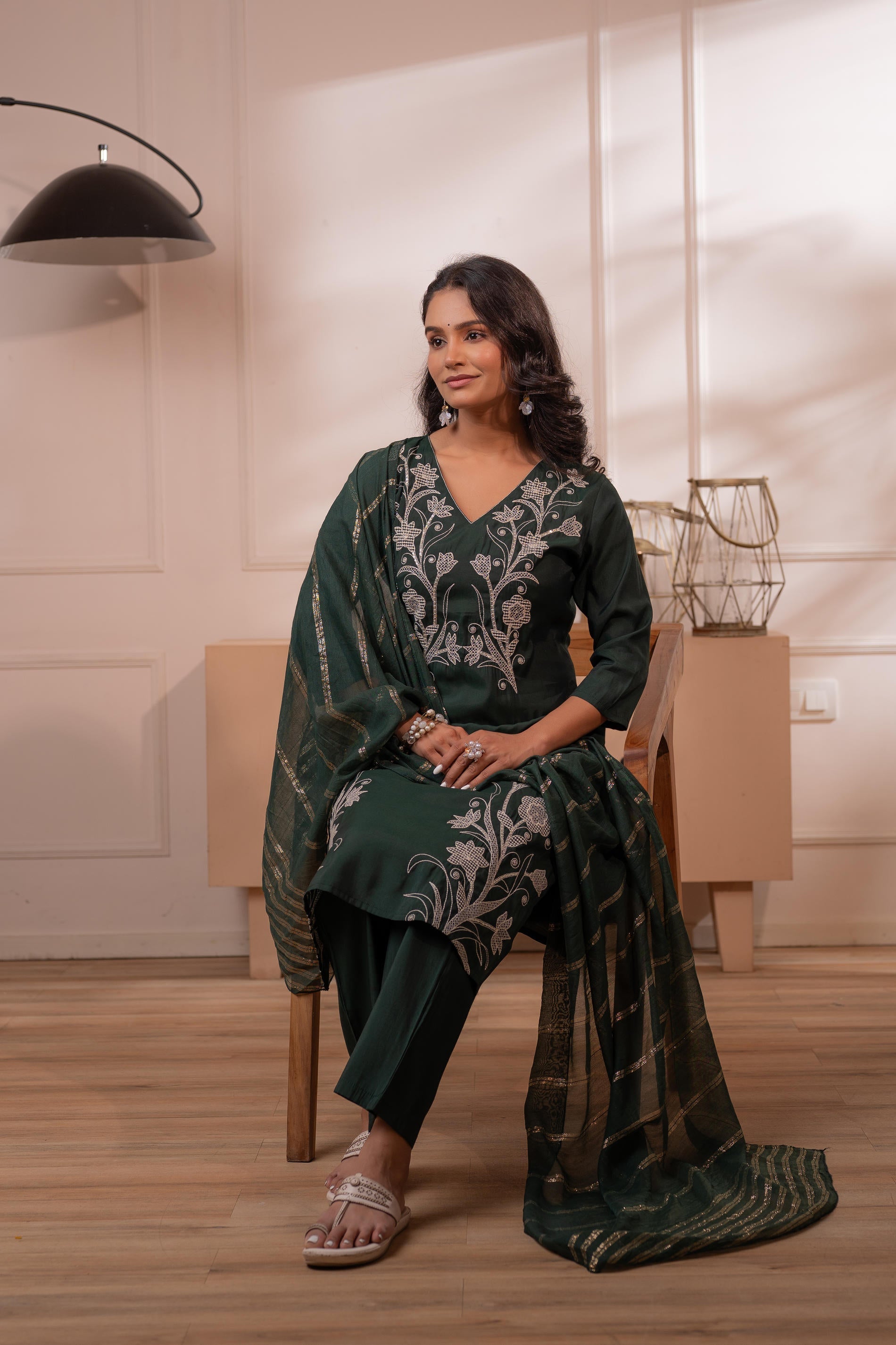 Mehandi Green Solid Embroidered Straight Kurta Pant and Dupatta Set wi