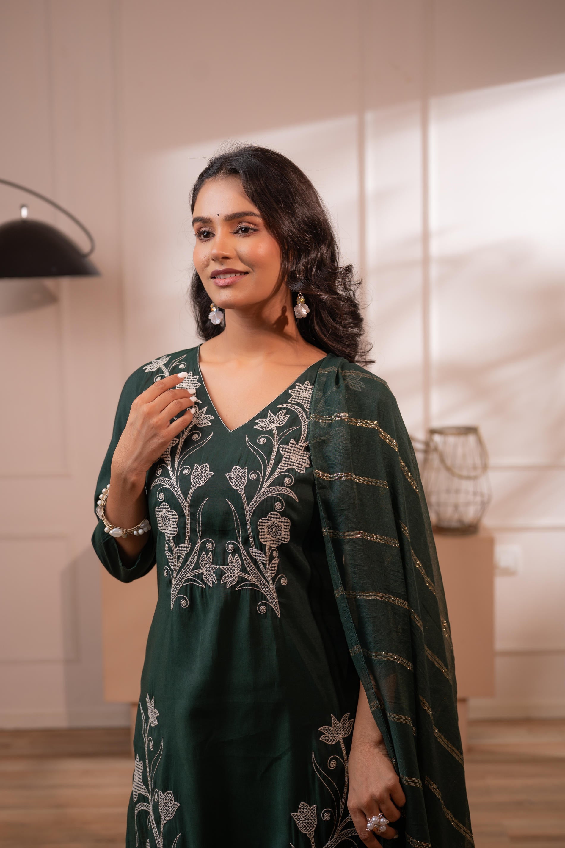 Mehandi Green Solid Embroidered Straight Kurta Pant and Dupatta Set wi