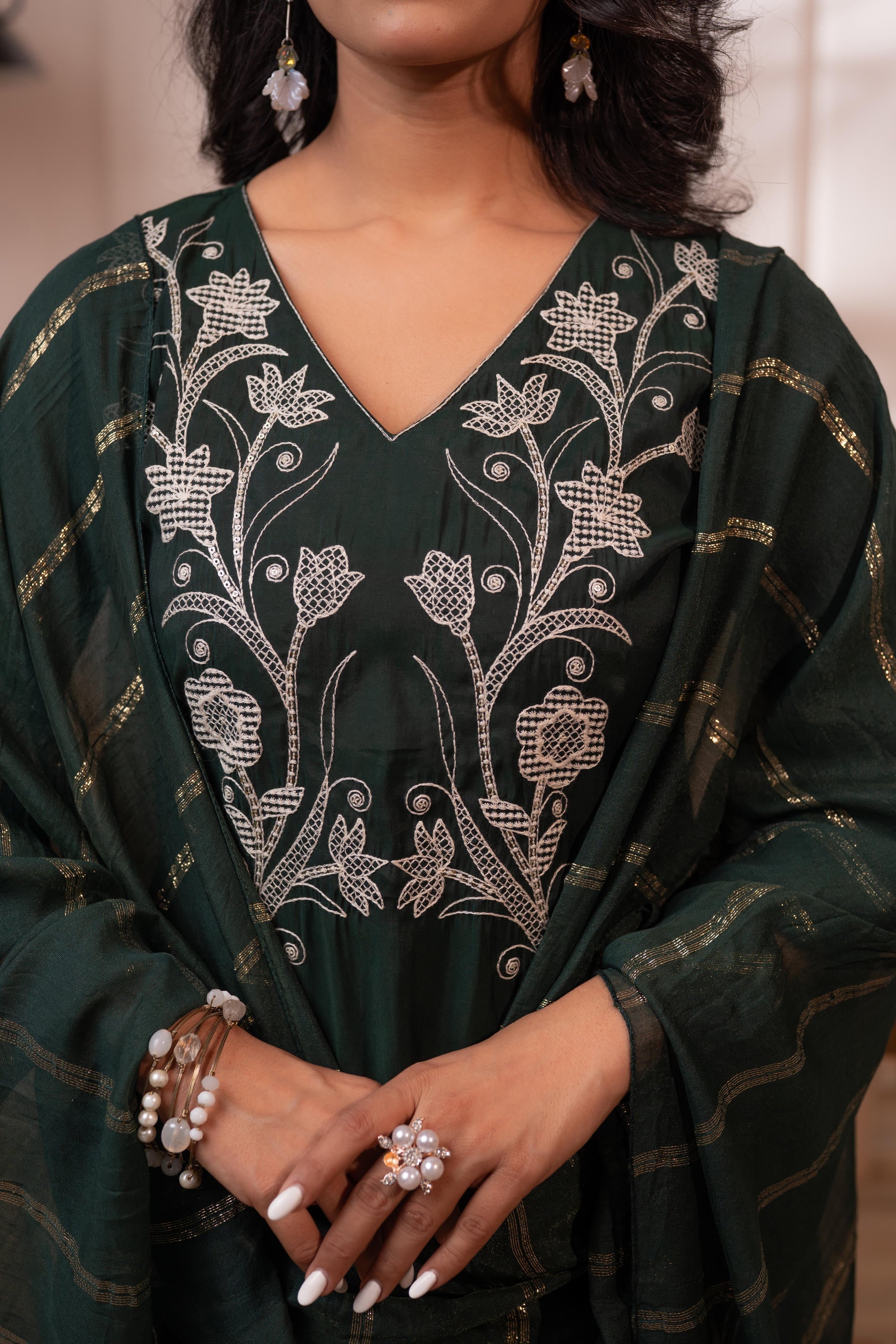 Mehandi Green Solid Embroidered Straight Kurta Pant and Dupatta Set wi