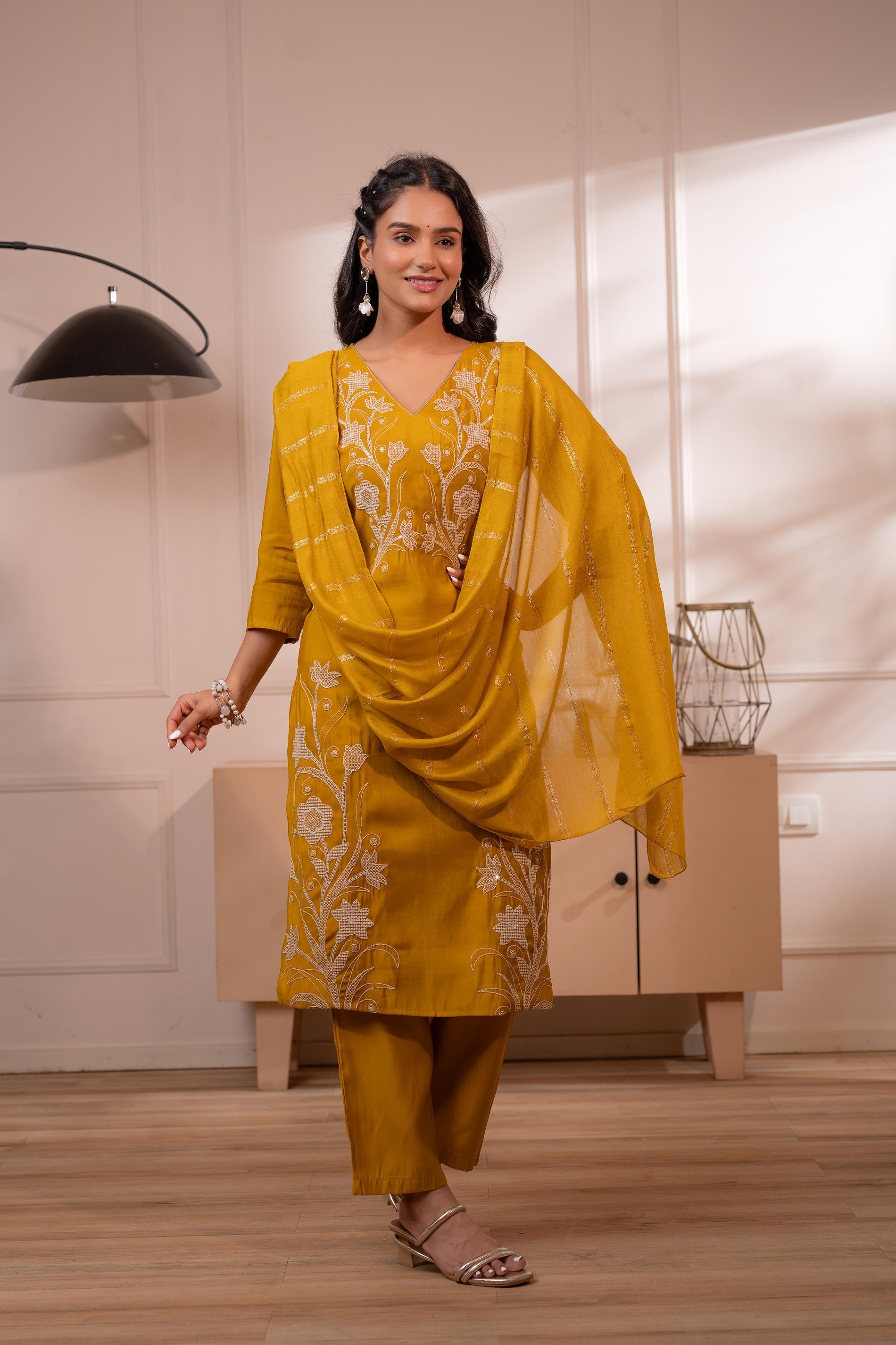 Mustard Solid Embroidered Straight Kurta Pant and Dupatta Set with Thr