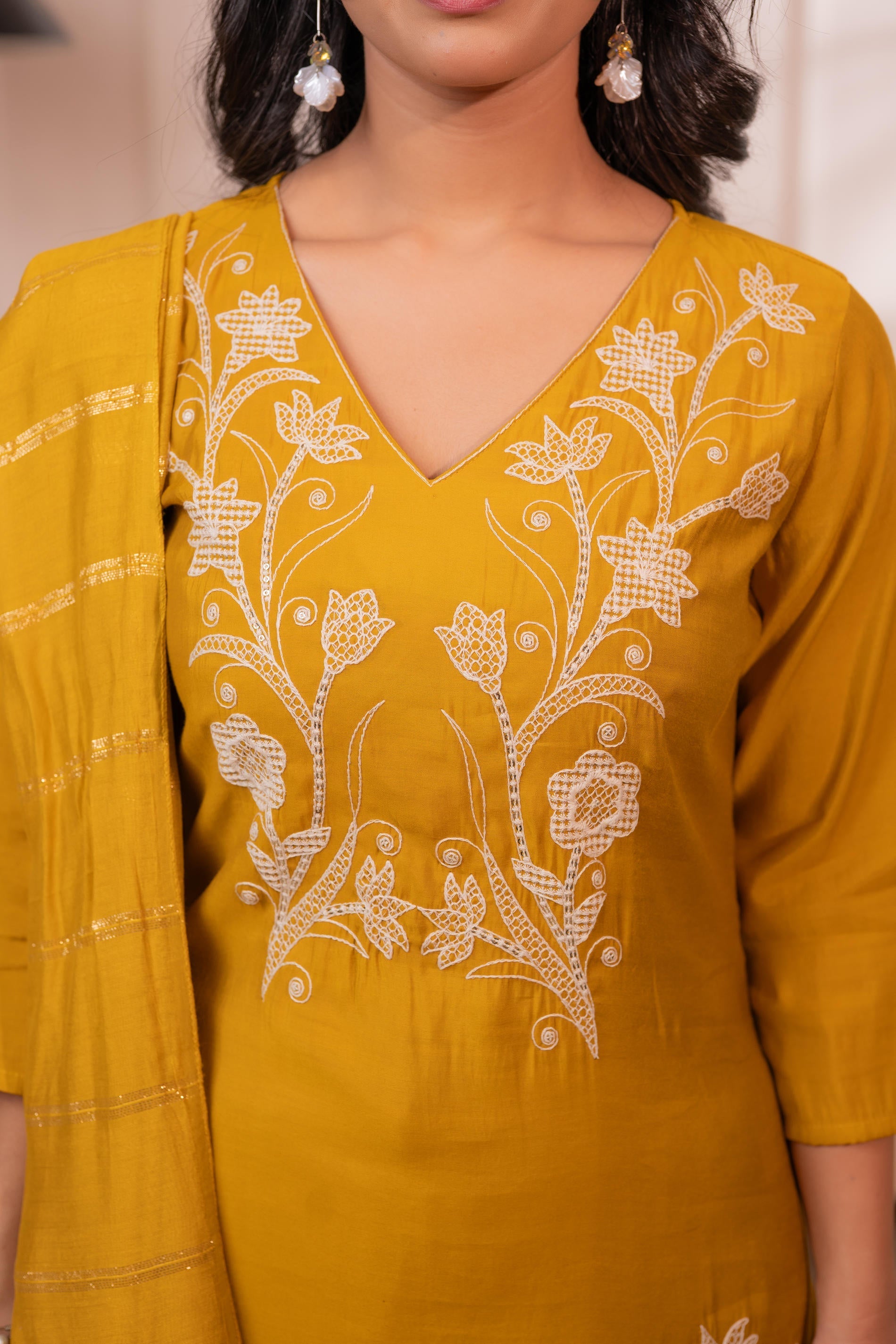Mustard Solid Embroidered Straight Kurta Pant and Dupatta Set with Thr