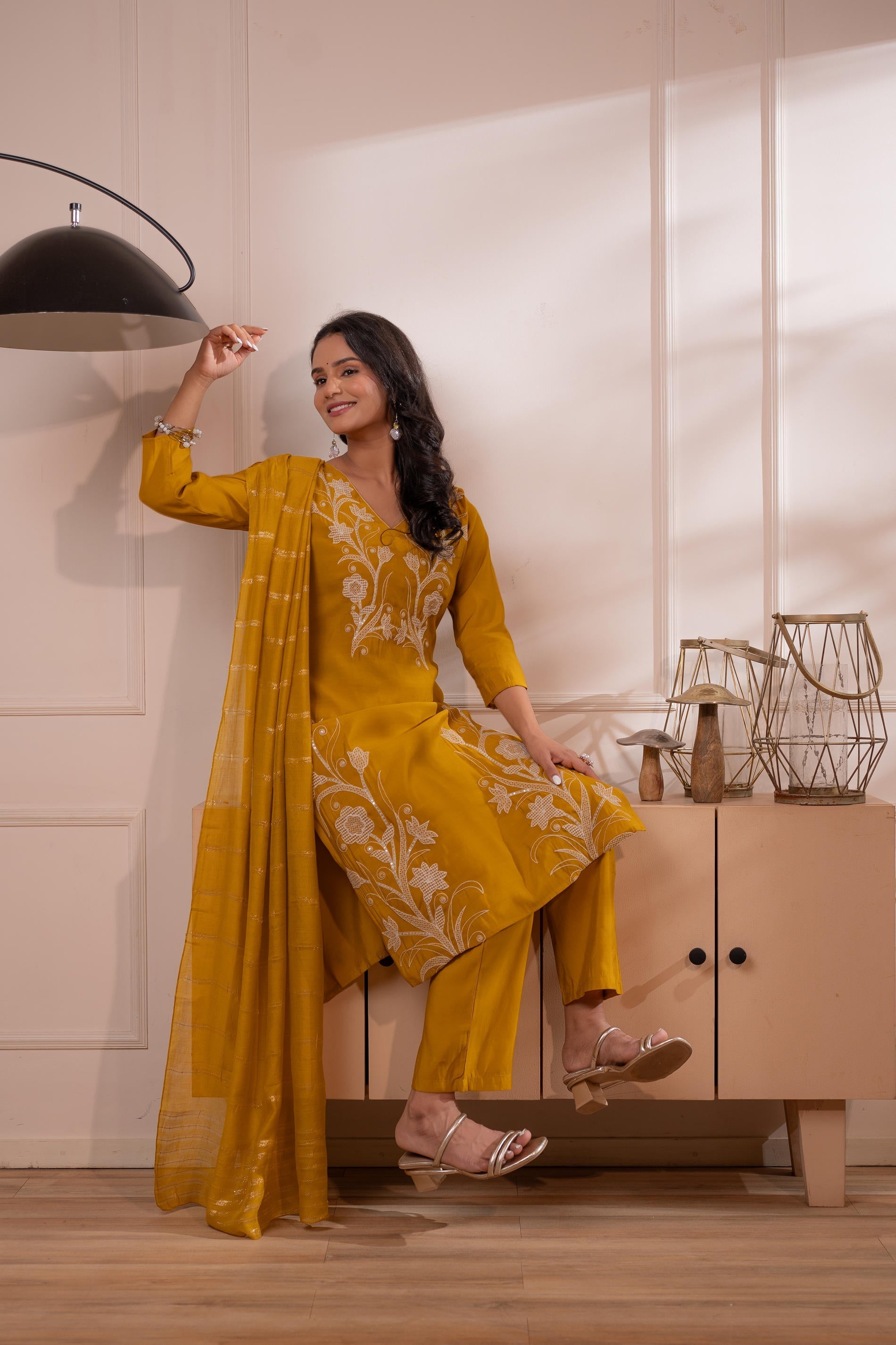 Mustard Solid Embroidered Straight Kurta Pant and Dupatta Set with Thr
