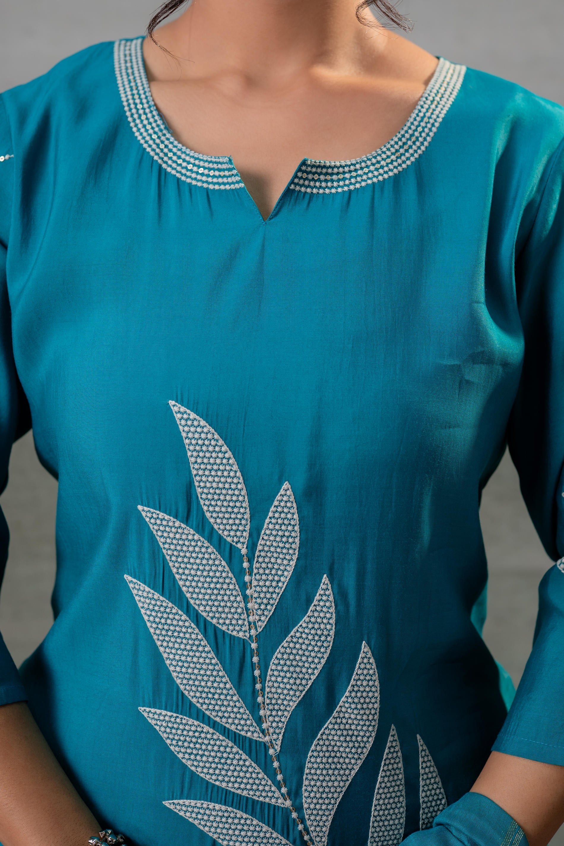 Rama, Leaf-Print Straight Kurta Set with Pant & Zari-Lined Dupatta