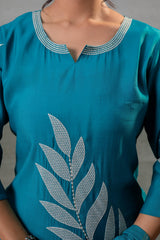 Rama, Leaf-Print Straight Kurta Set with Pant & Zari-Lined Dupatta
